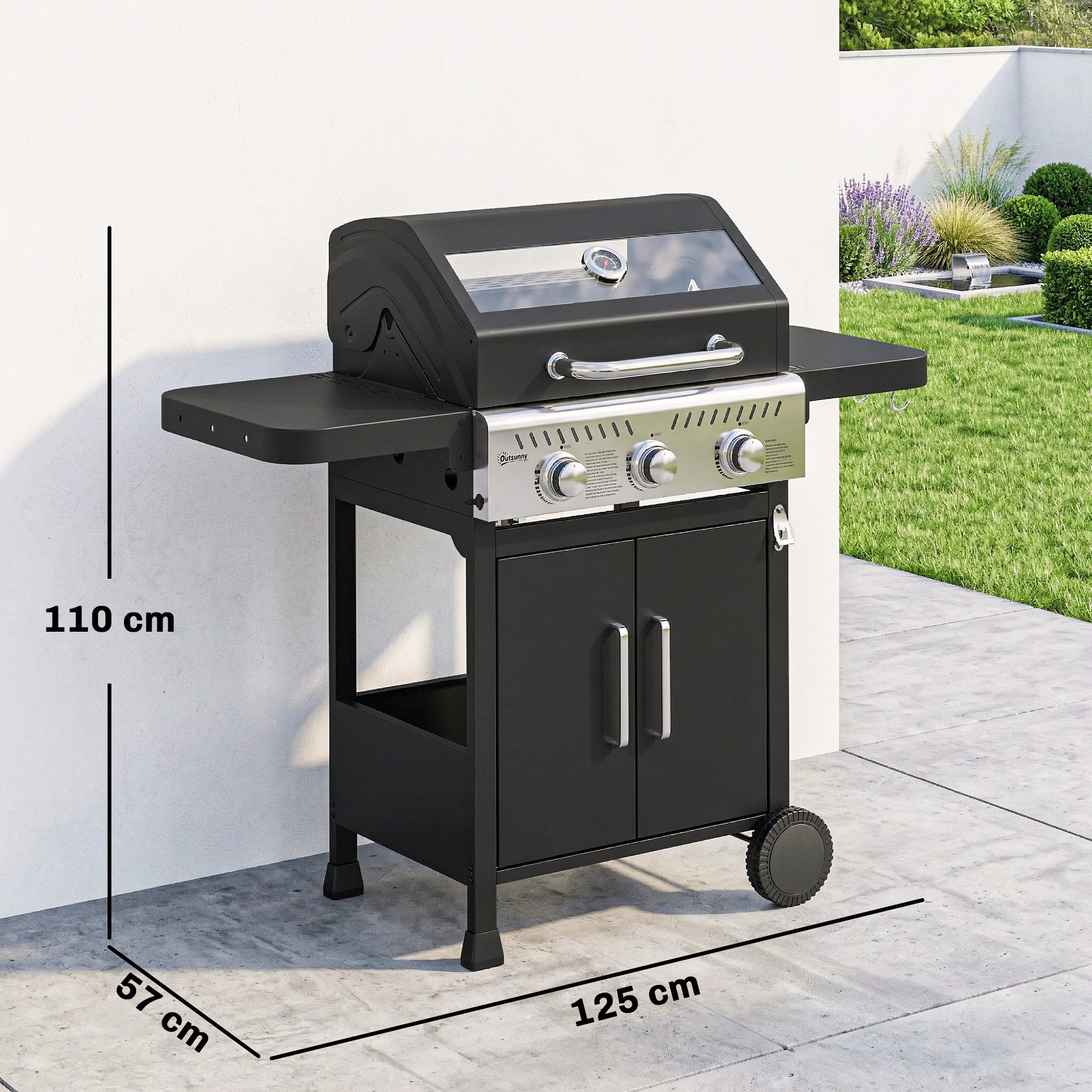 Outsunny Barbacoa de Gas BBQ Gas Portátil con 3 Quemadores 7,5 kW Termómetro Mesas Laterales Plegables Armario Rejilla Calentadora Parrilla Plancha Tapa con Ventana Recogedor y Recipiente Grasa Ruedas