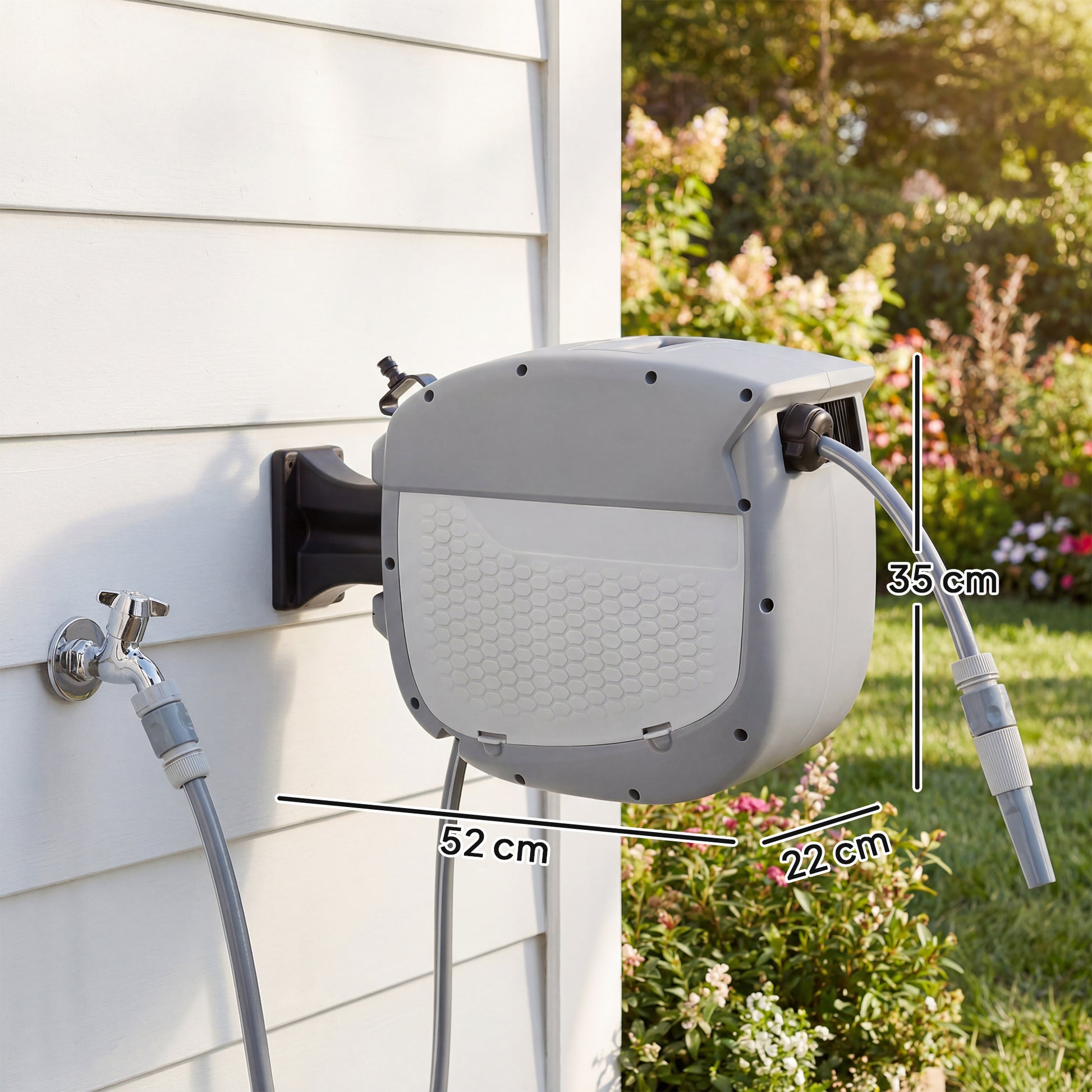 Outsunny Enrollador de Manguera para Jardín 20+1,9 m con Boquilla de 2 Modos, Carrete de Manguera de Jardín de Pared con Bloqueo Automático y Retracción Controlada, Soporte Orientable 180°, Gris