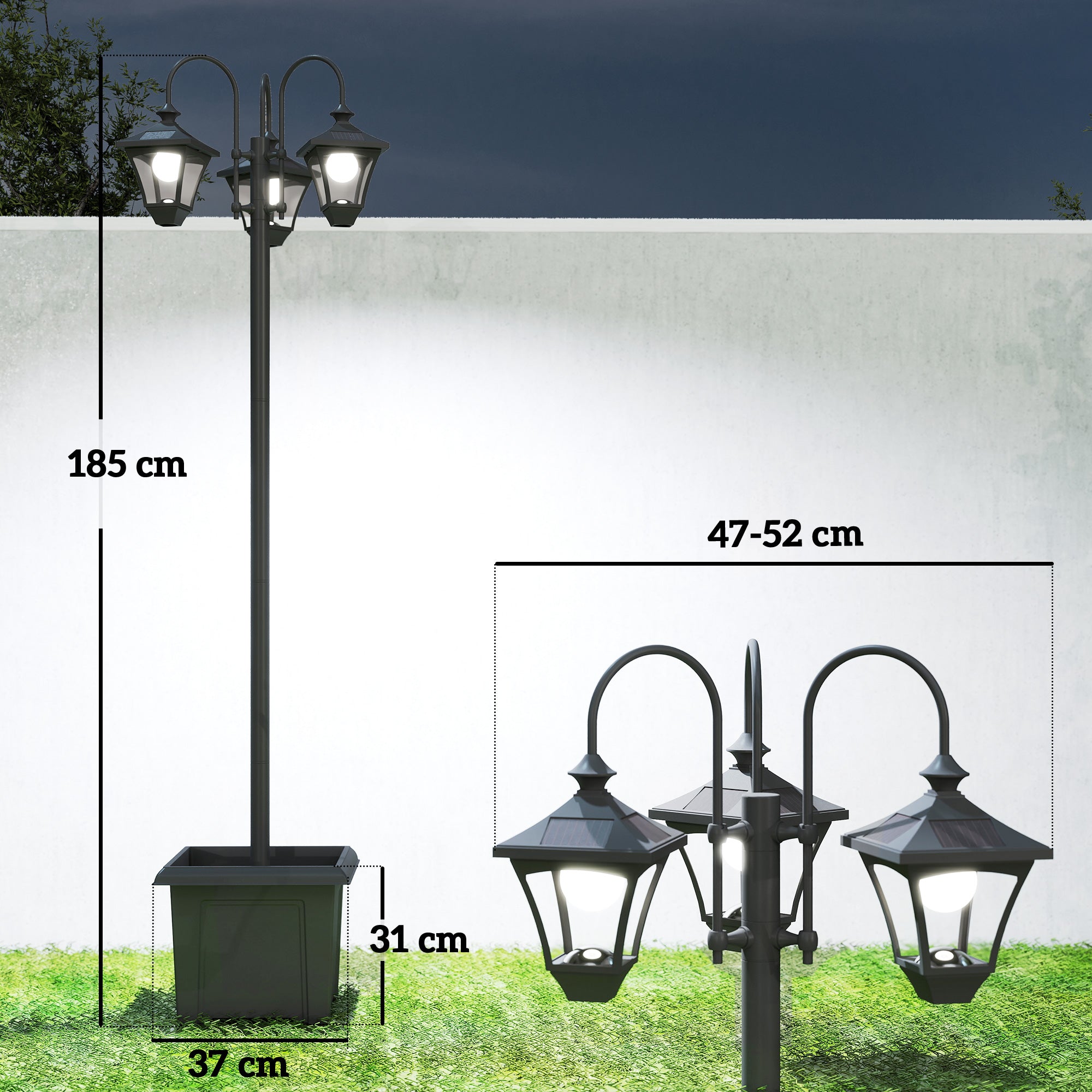 Outsunny Farola Solar Exterior de Jardín con Macetero 3 Cabezales Impermeable IP44 Encendido/Apagado Automático y Altura Ajustable Luz Solar de Exterior LED para Terraza Patio 52x52x185 cm Negro