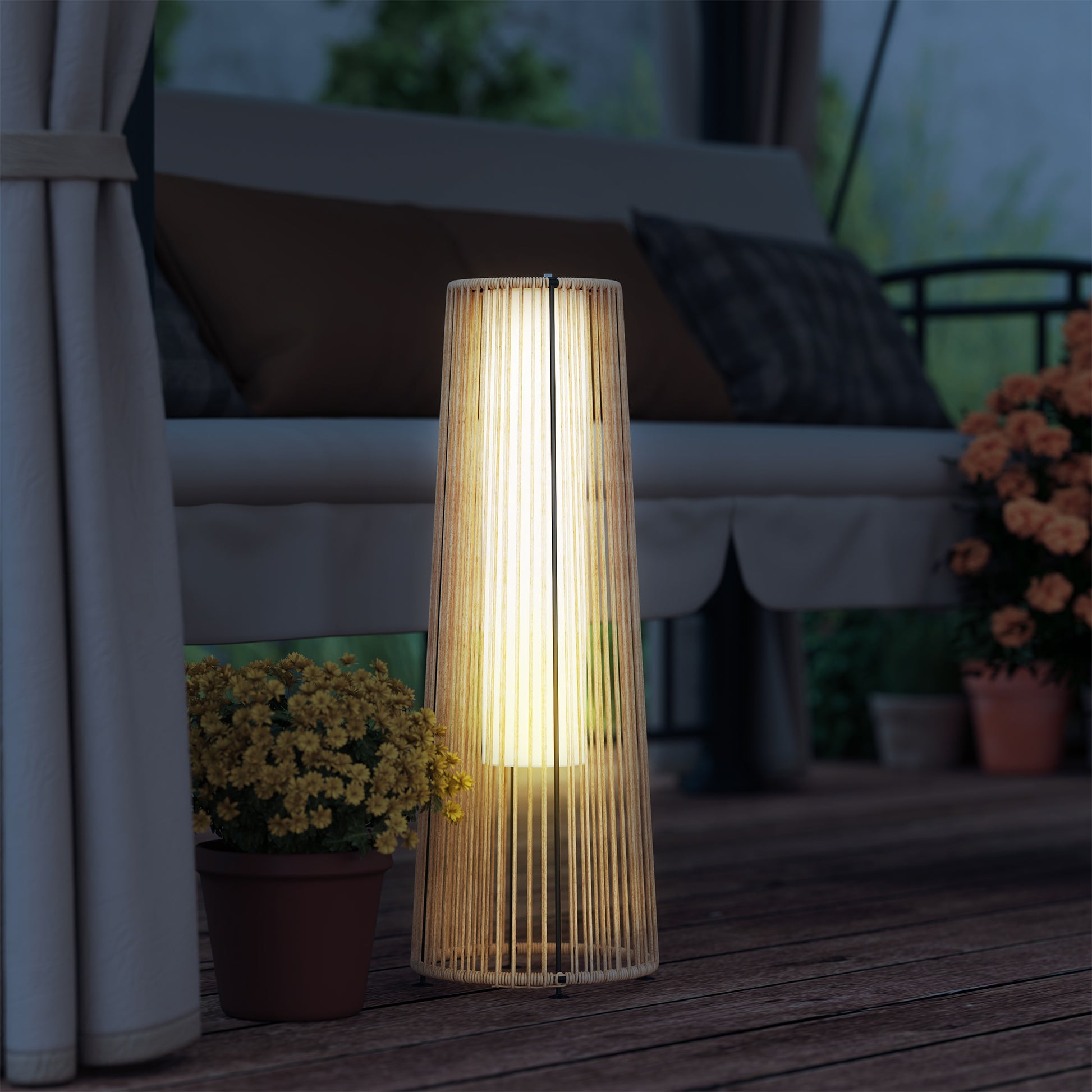 Outsunny Linterna de Jardín de Ratán Sintético Farola Solar Exterior con Luces LED Encendido y Apagado Automático Impermeable para Terraza Balcón Patio Ø21,5x61 cm Natural
