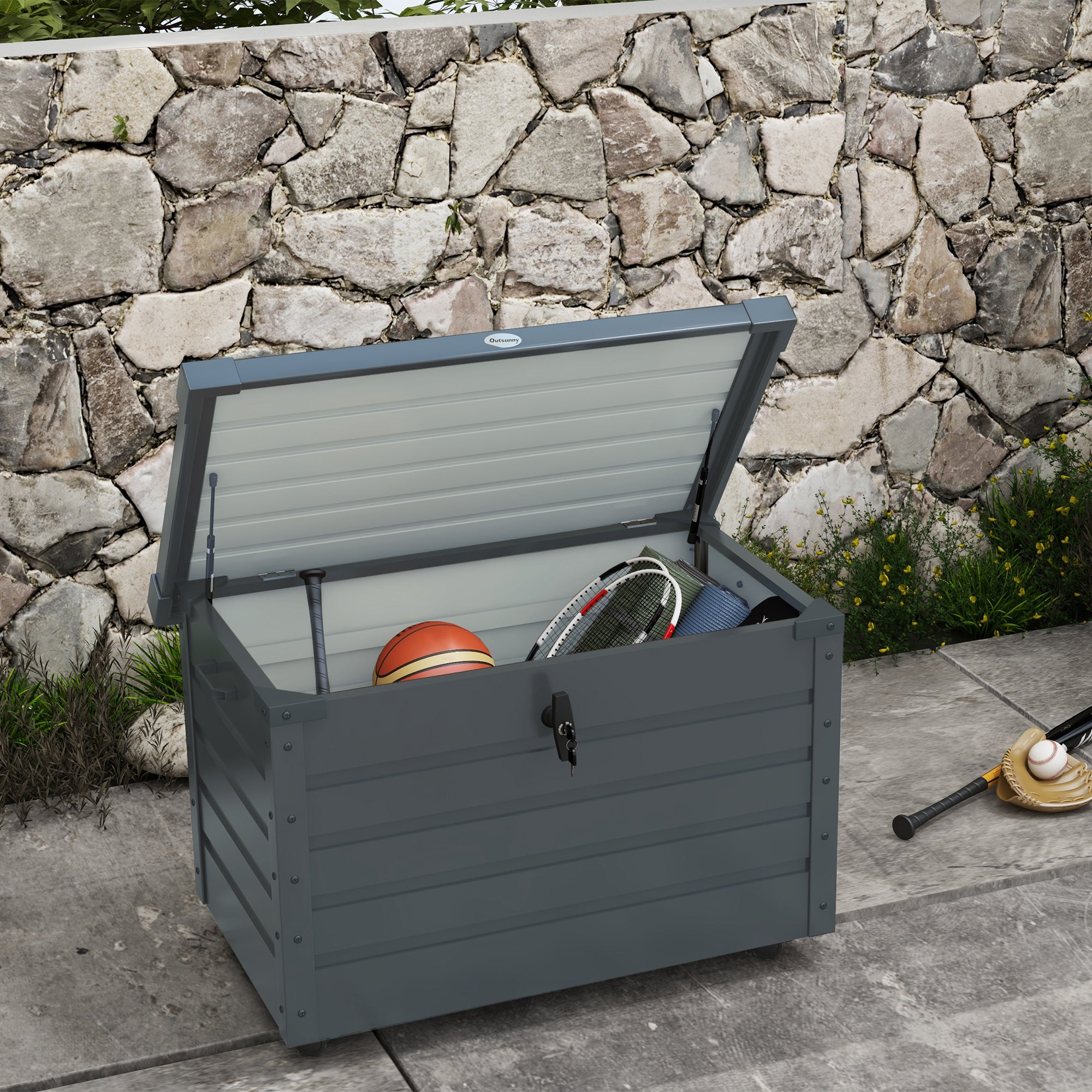 Outsunny Arcón Exterior Capacidad 295L, Baúl de Almacenaje de Acero Galvanizado con 4 Ruedas, 2 Asas y Tapa con Cerradura, Impermeable, para Jardín, Terraza, Patio, 100x62x65 cm, Gris Oscuro