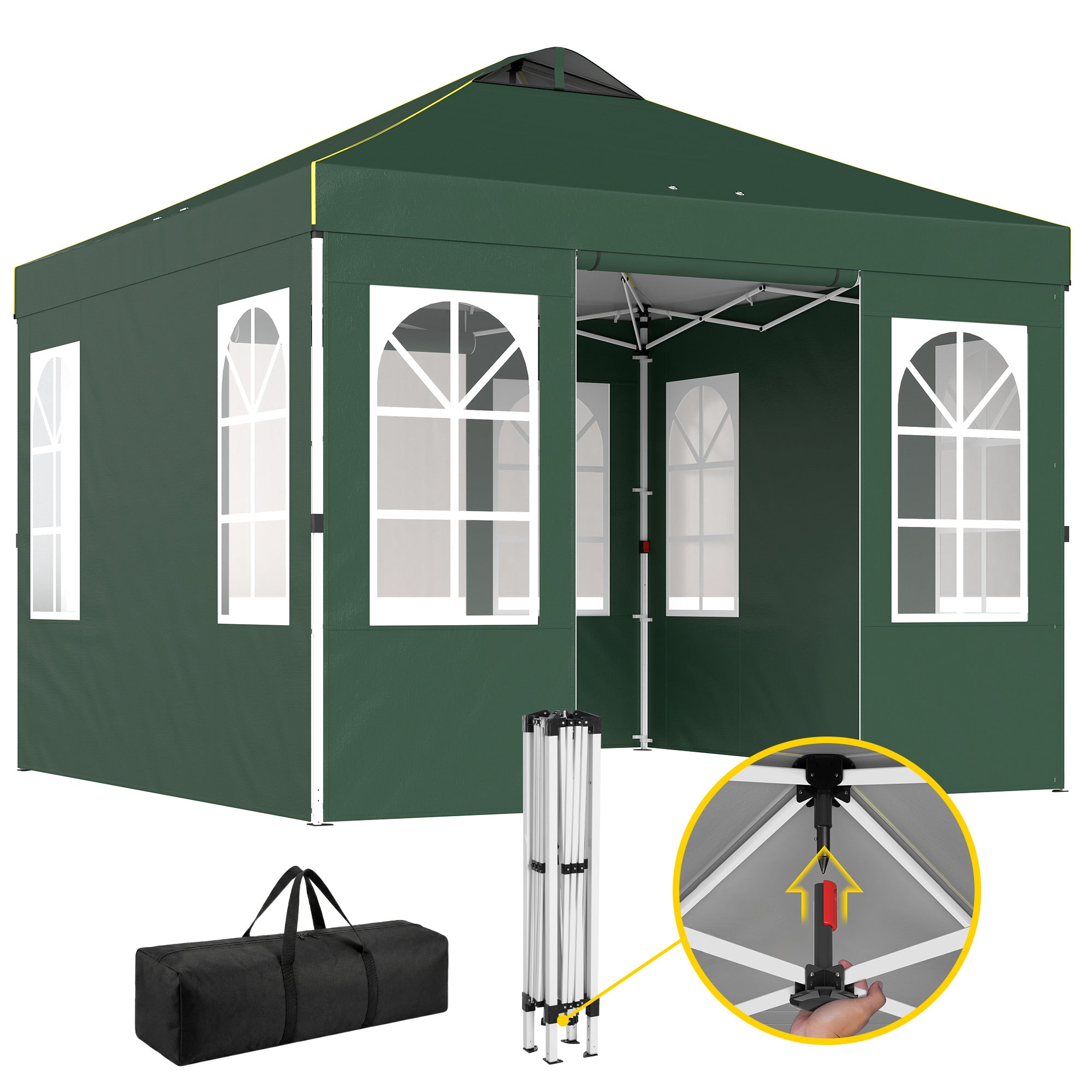 Outsunny Carpa Plegable 3x3 m, Pop-up, con 4 Laterales Extraíbles, Cenador de Jardín con UPF50+, Bloqueo Central, Altura Ajustable, Bolsa de Transporte, Sacos Arena, Gazebo para Exterior, Verde