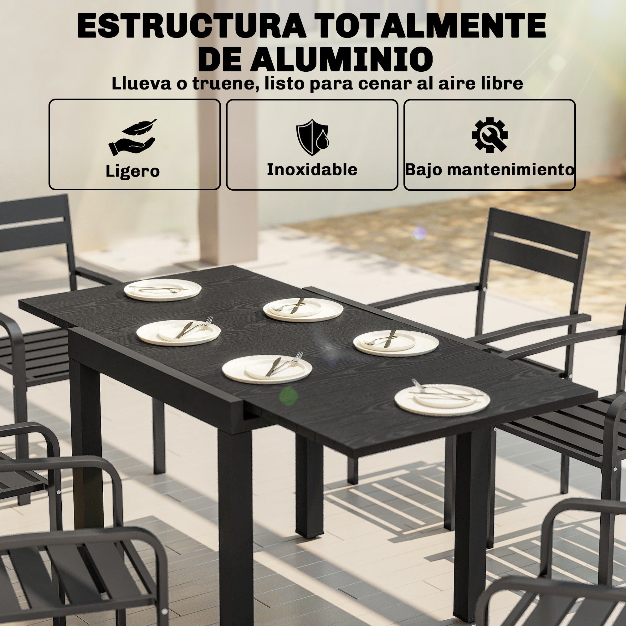 Outsunny Mesa de Jardín Extensible 80/160x80 cm, Mesa de Comedor Exterior Extensible Rectangular de Aluminio, con Superficie de Lamas de Efecto Madera, para 4-6 Personas, para Patio, Terraza, Negro