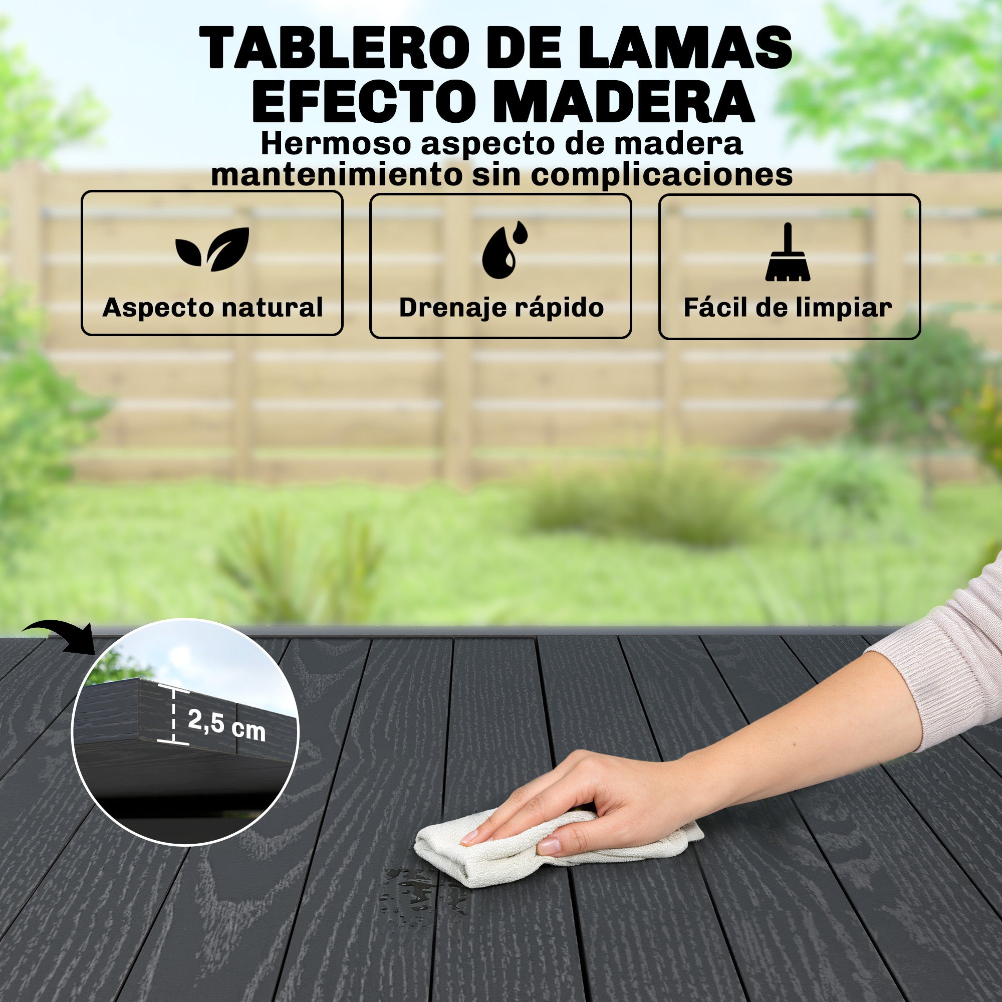 Outsunny Mesa de Jardín Extensible 80/160x80 cm, Mesa de Comedor Exterior Extensible Rectangular de Aluminio, con Superficie de Lamas de Efecto Madera, para 4-6 Personas, para Patio, Terraza, Negro
