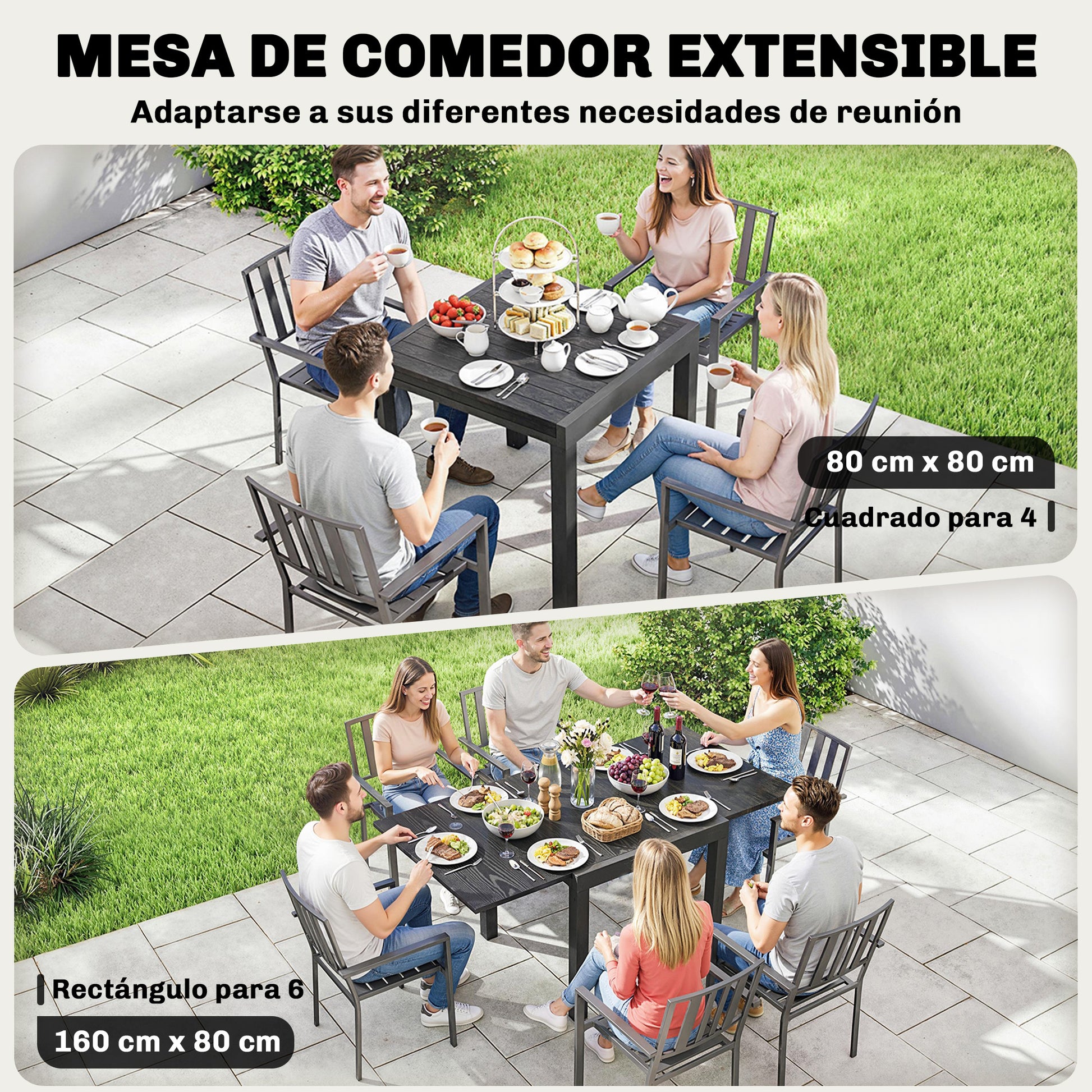 Outsunny Mesa de Jardín Extensible 80/160x80 cm, Mesa de Comedor Exterior Extensible Rectangular de Aluminio, con Superficie de Lamas de Efecto Madera, para 4-6 Personas, para Patio, Terraza, Negro