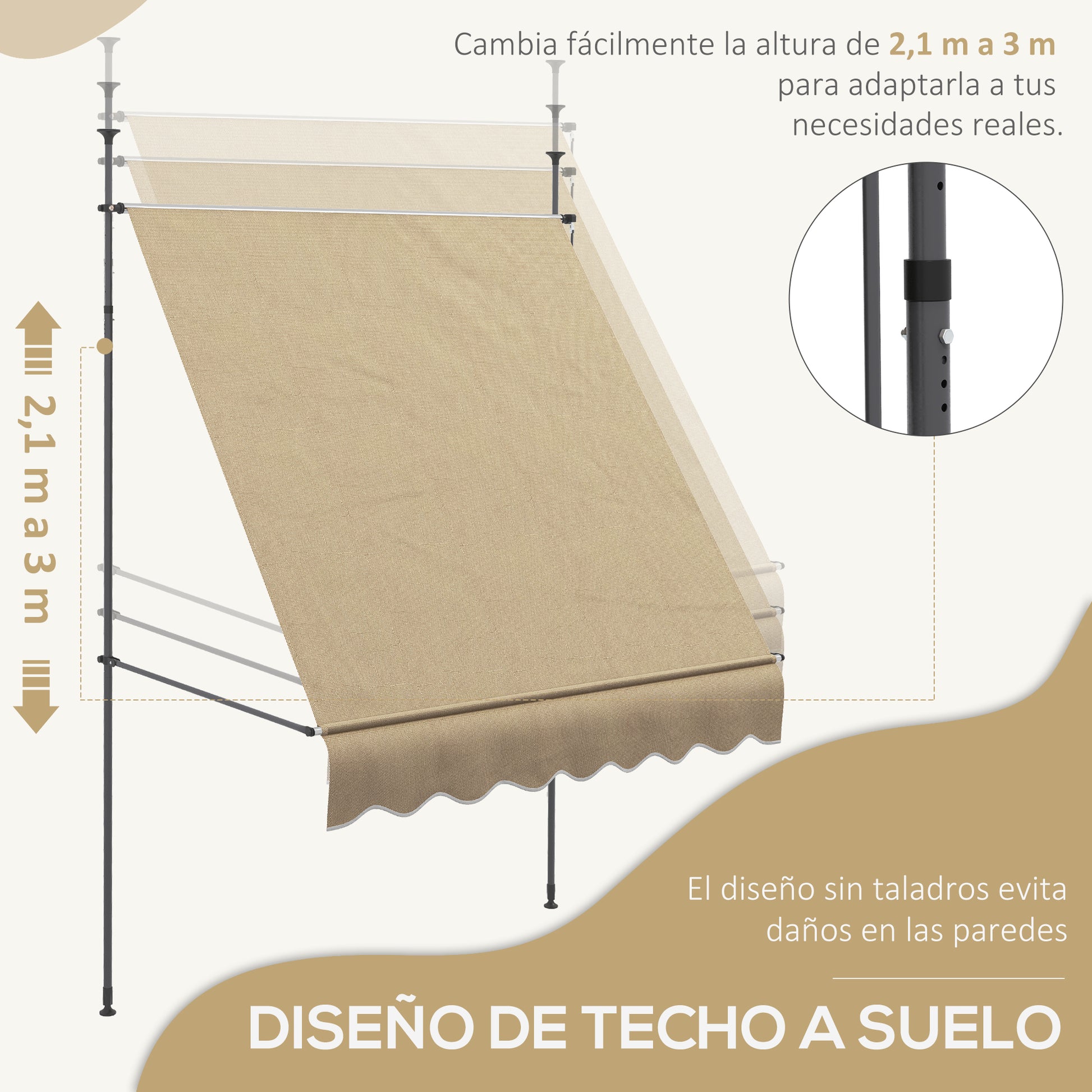Outsunny Toldo Manual Retráctil 2x1,2 m Toldo Exterior Terraza Enrollable Altura Ajustable con Manivela 210-300 cm Sin Taladro Protección UV30+ para Balcón Jardín Beige