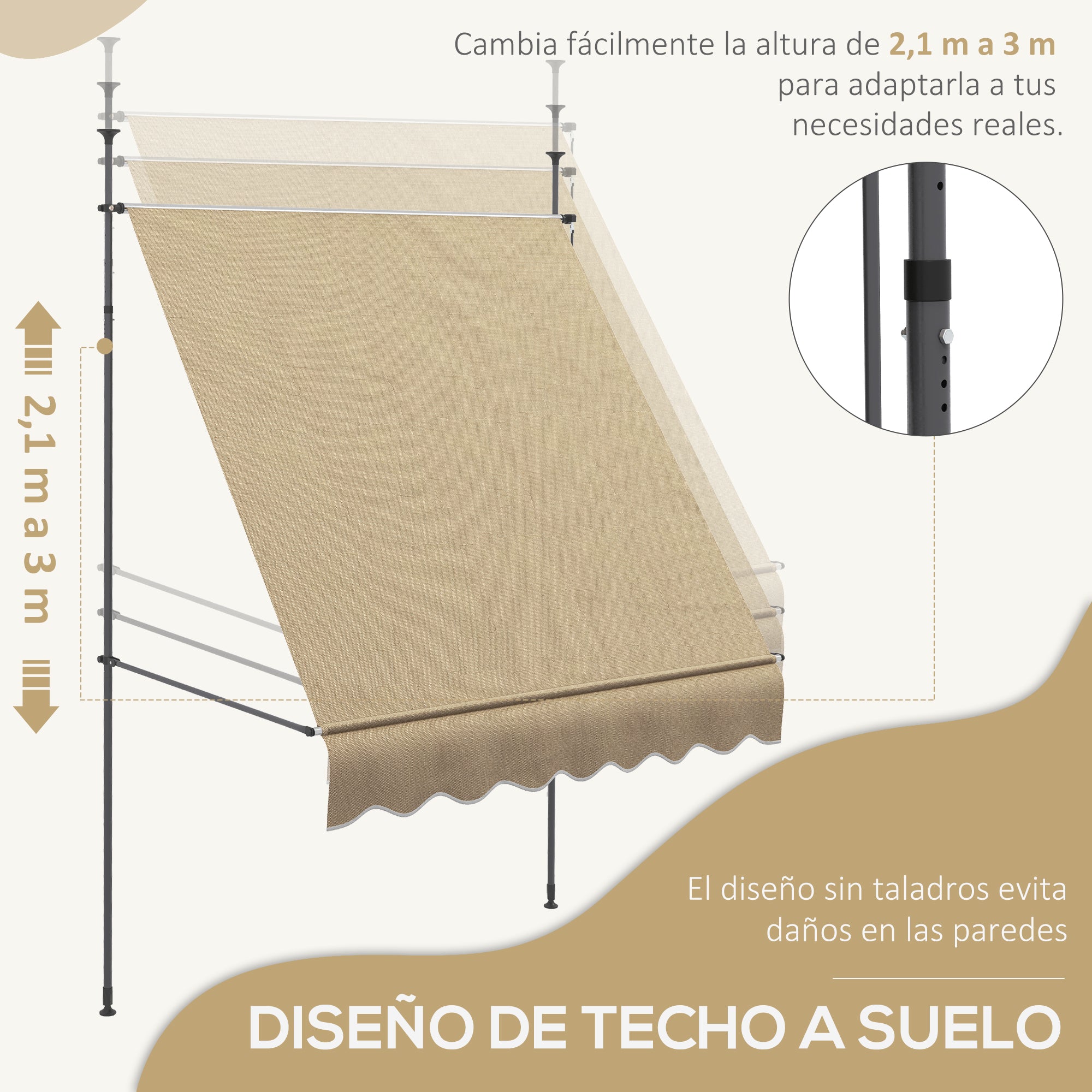 Outsunny Toldo Manual Retráctil 2x1,2 m Toldo Exterior Terraza Enrollable Altura Ajustable con Manivela 210-300 cm Sin Taladro Protección UV30+ para Balcón Jardín Beige
