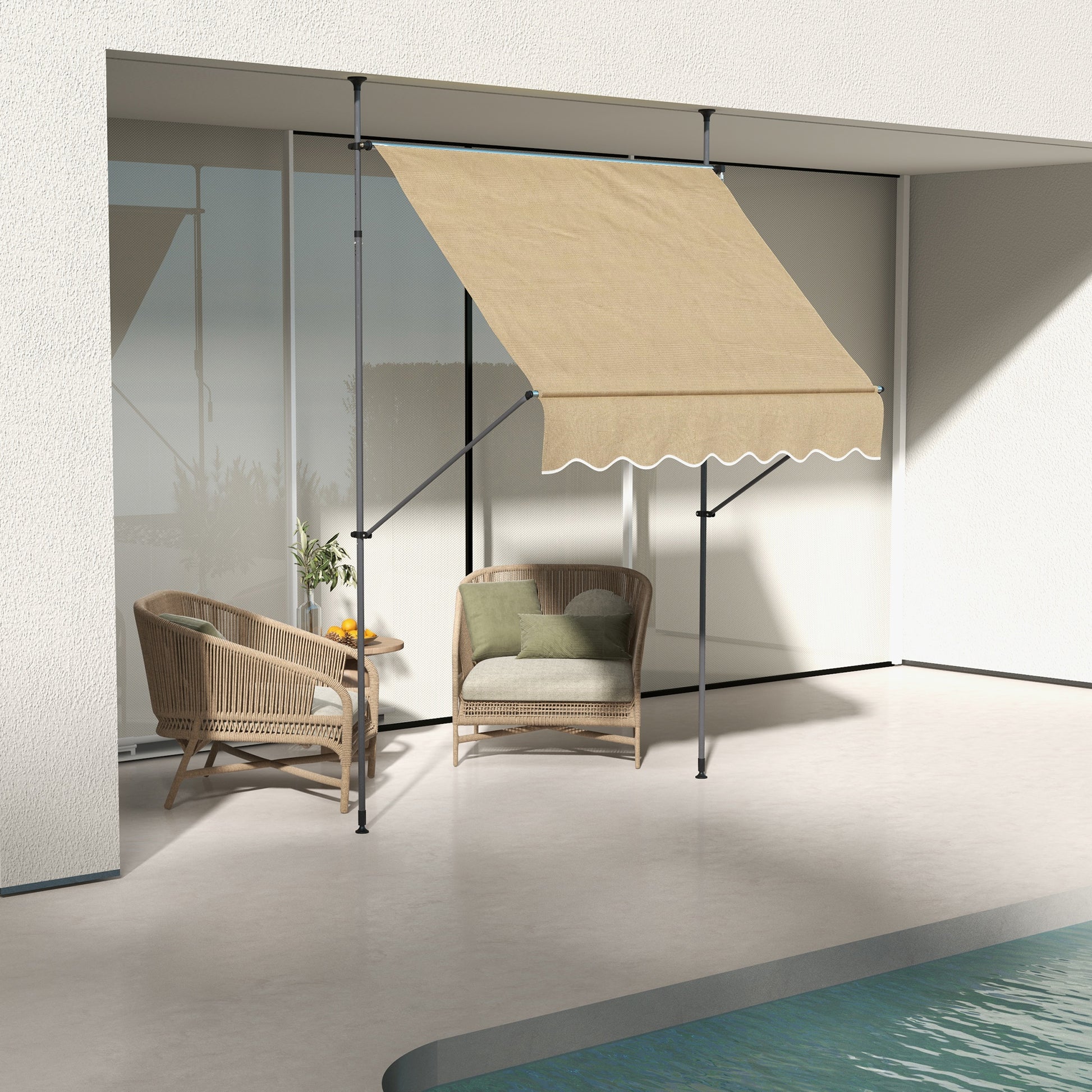 Outsunny Toldo Manual Retráctil 2x1,2 m Toldo Exterior Terraza Enrollable Altura Ajustable con Manivela 210-300 cm Sin Taladro Protección UV30+ para Balcón Jardín Beige