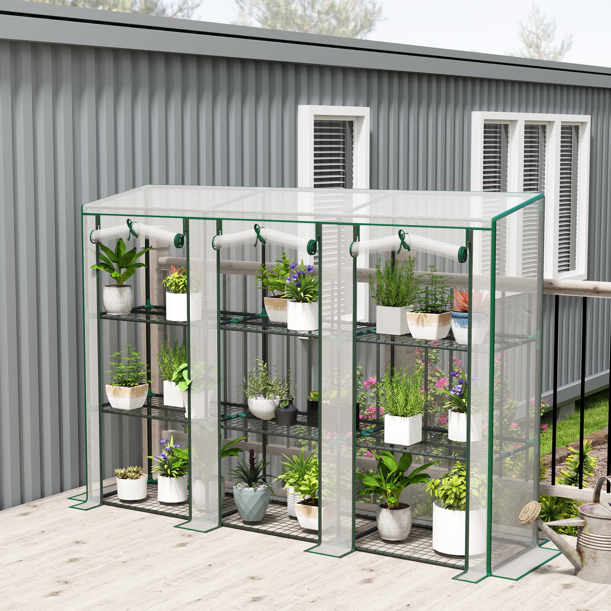 Outsunny Invernadero de Exterior de 3 Niveles Invernadero de Jardín con 9 Estantes Puerta Enrollable con Cremallera Marco de Acero Cubierta de PE 140g/m² Anti-UV para Terraza 215x46x151cm Blanco