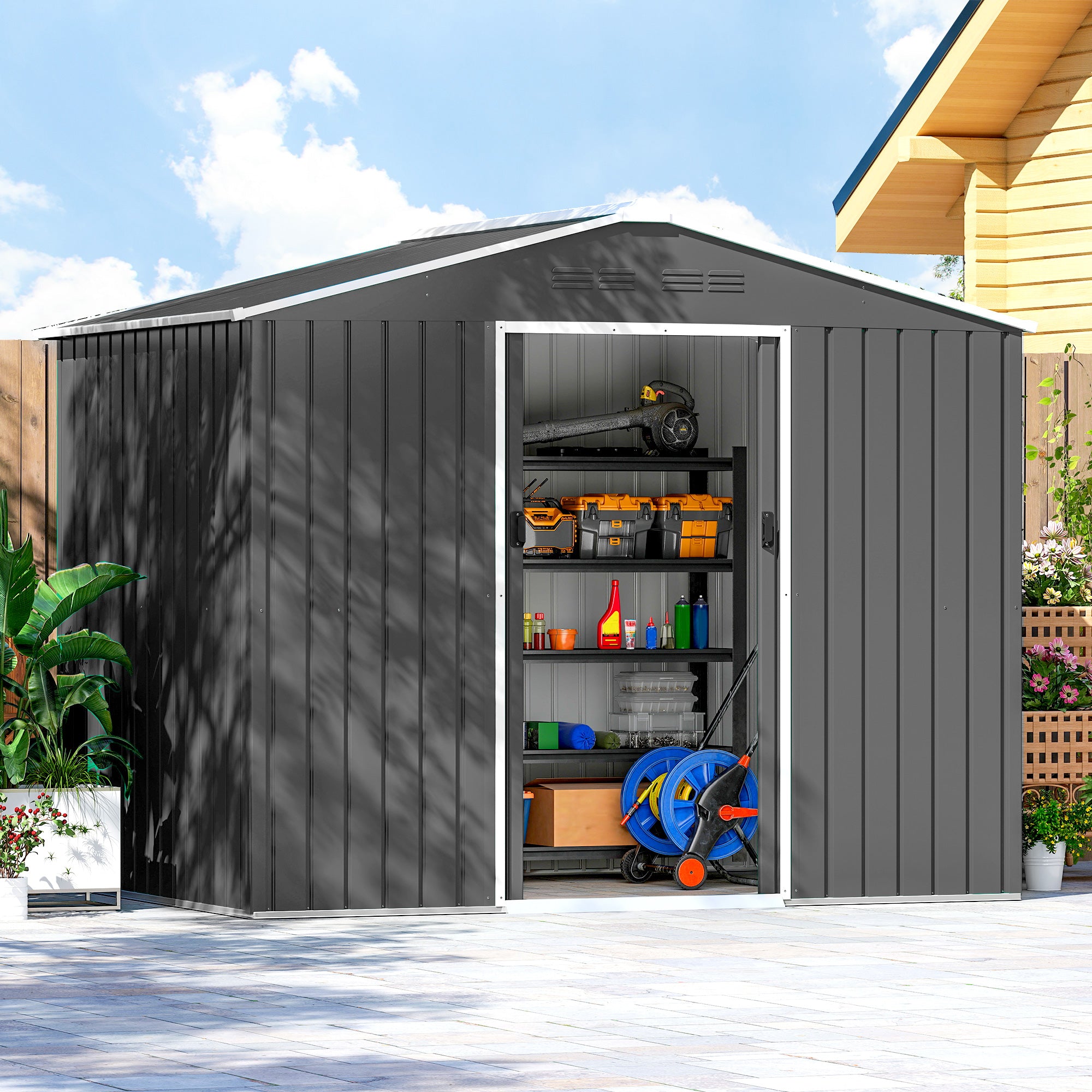 Outsunny Caseta de Jardín Exterior 3,6 m², 236x171x191 cm, Cobertizo de Jardín Exterior Metálico con Puertas Correderas y Ranuras de Ventilación, para Almacenamiento de Herramientas, Gris Oscuro