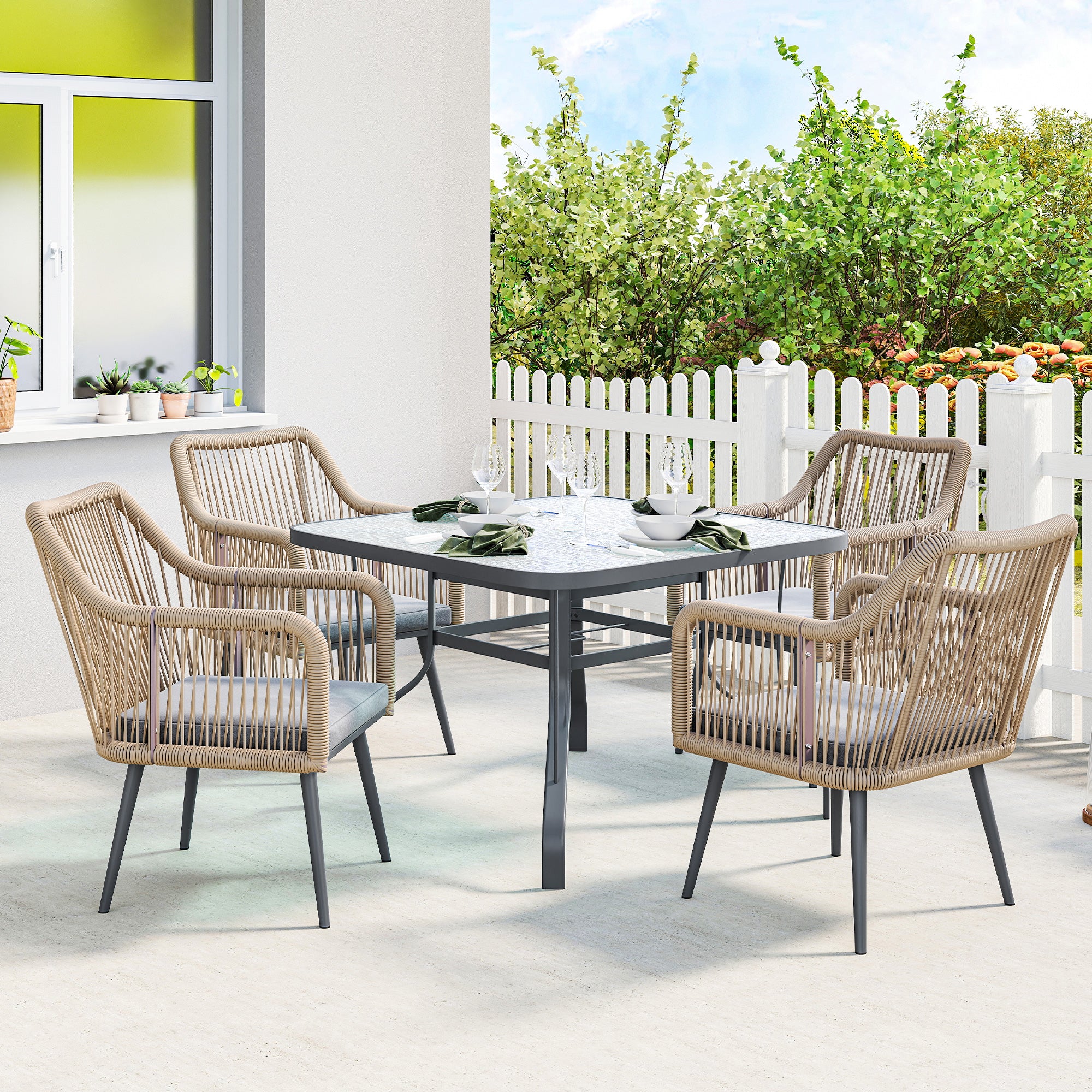 Outsunny Juego de 2 Sillas de Jardín Exterior de Ratán, Sillas Terraza Exterior con Cojines, Reposabrazos y Marco de Acero, Resistente a la Intemperie, para Balcón, Terraza, 54x65x80 cm, Gris Claro