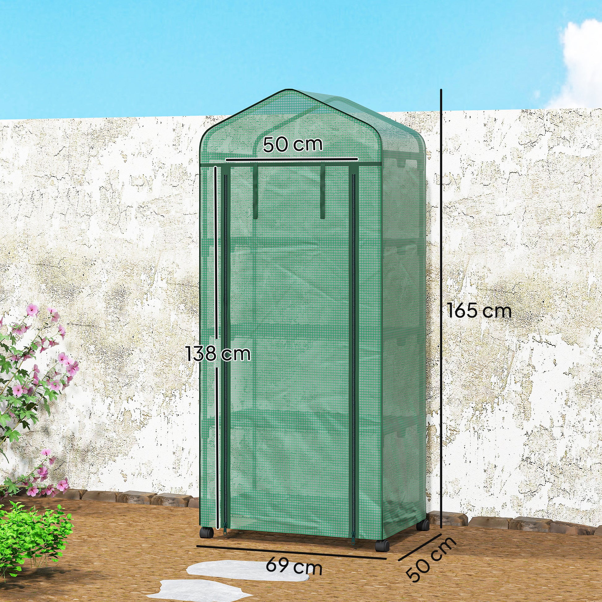 Outsunny Invernadero de Exterior con 4 Estantes y Ruedas, Invernadero de Jardín con Puerta Enrollable, Marco de Acero y Cubierta PE 140g/㎡ Anti-UV, Impermeable para Terraza, Patio, 70x50x165 cm, Verde