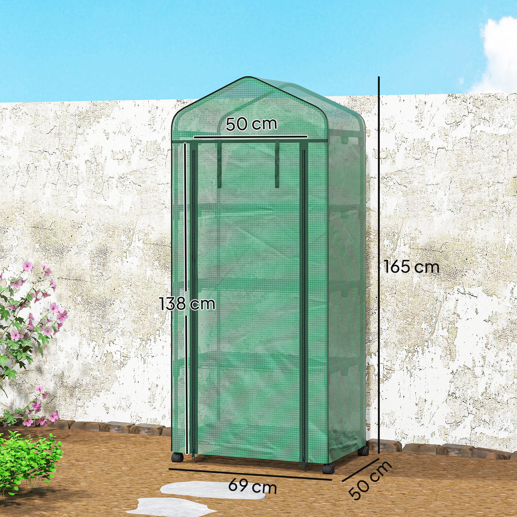 Outsunny Invernadero de Exterior con 4 Estantes y Ruedas, Invernadero de Jardín con Puerta Enrollable, Marco de Acero y Cubierta PE 140g/㎡ Anti-UV, Impermeable para Terraza, Patio, 70x50x165 cm, Verde