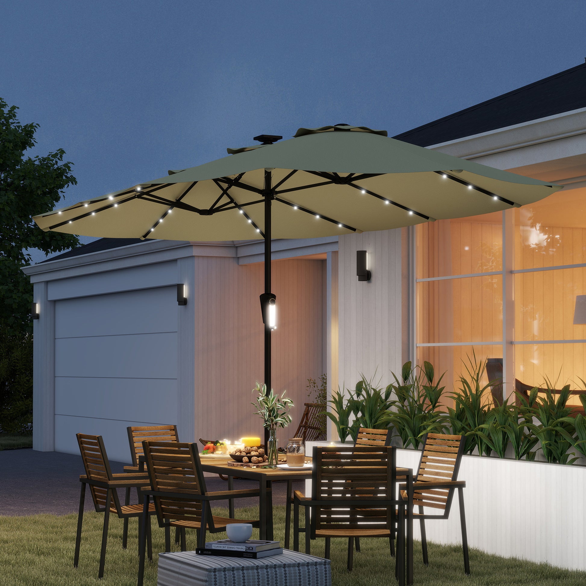 Outsunny Sombrilla Doble con 36 Luces LED Solares, 4x2 m, Sombrilla Terraza Exterior con Manivela, UPF50+, 12 Varillas, Resistente al Agua, Parasol para Jardín, Terraza, Patio, Beige