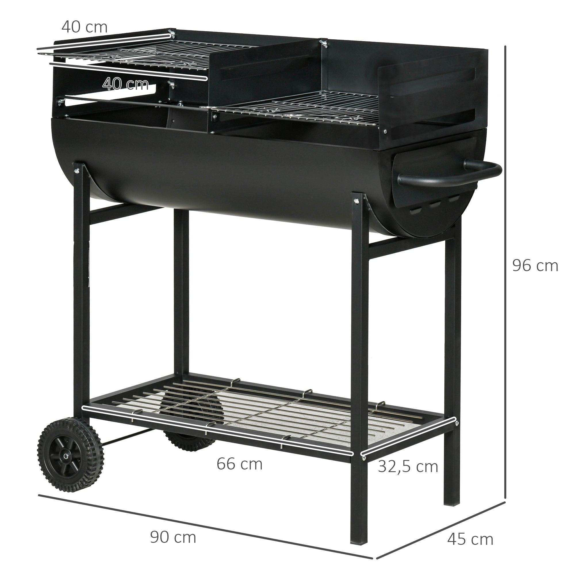 Outsunny Barbacoa de Carbón con Parrilla Ajustable en Altura para Exterior Barbacoa Portátil con Estante de Almacenaje y Ruedas 90x45x96 cm Negro