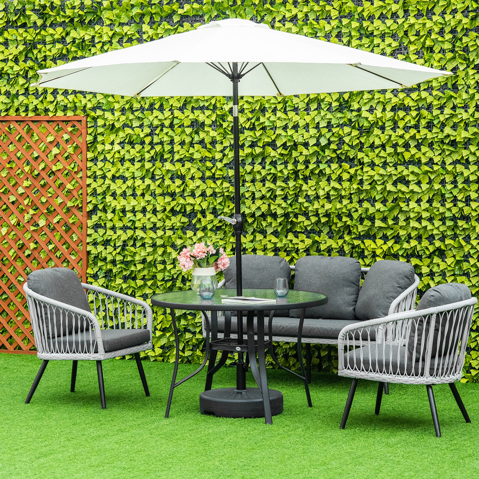 Outsunny Mesa de Cristal de Jardín con Agujero para Sombrilla Mesa para Comer Redonda con Marco de Acero para Exterior Terraza Balcón Ø106,5x71 cm Negro