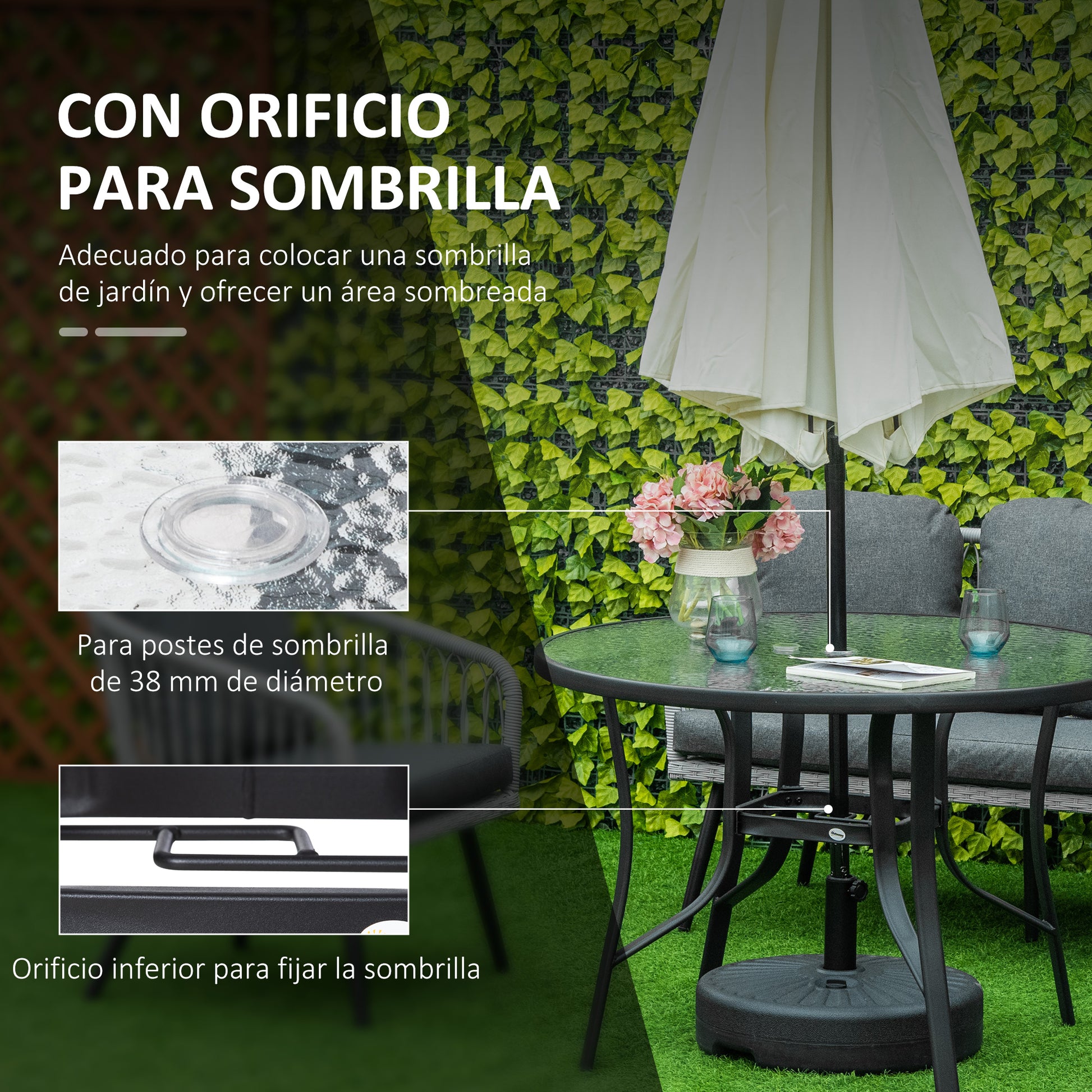 Outsunny Mesa de Cristal de Jardín con Agujero para Sombrilla Mesa para Comer Redonda con Marco de Acero para Exterior Terraza Balcón Ø106,5x71 cm Negro