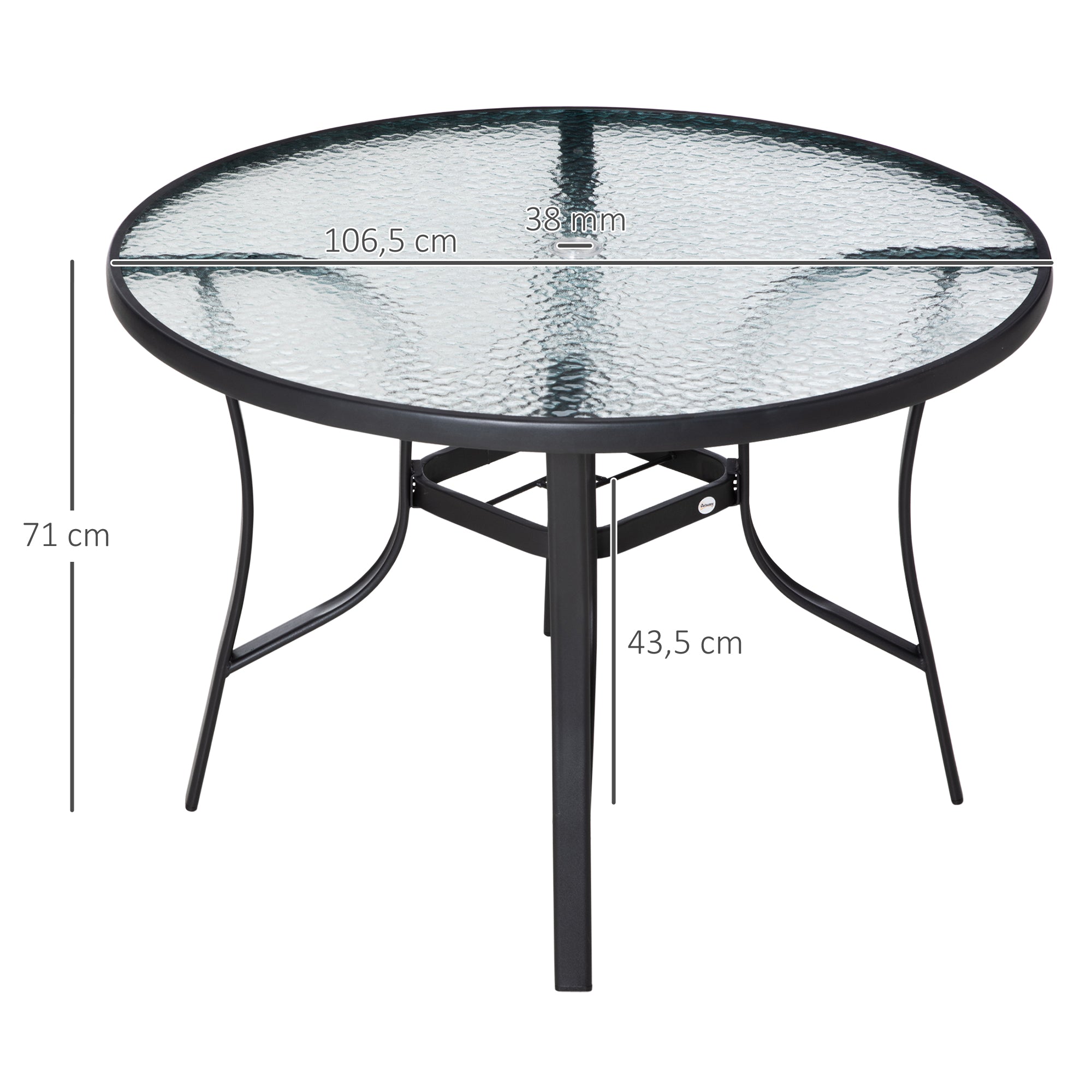 Outsunny Mesa de Cristal de Jardín con Agujero para Sombrilla Mesa para Comer Redonda con Marco de Acero para Exterior Terraza Balcón Ø106,5x71 cm Negro