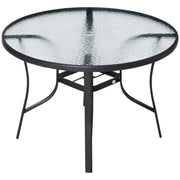Outsunny Mesa de Cristal de Jardín con Agujero para Sombrilla Mesa para Comer Redonda con Marco de Acero para Exterior Terraza Balcón Ø106,5x71 cm Negro