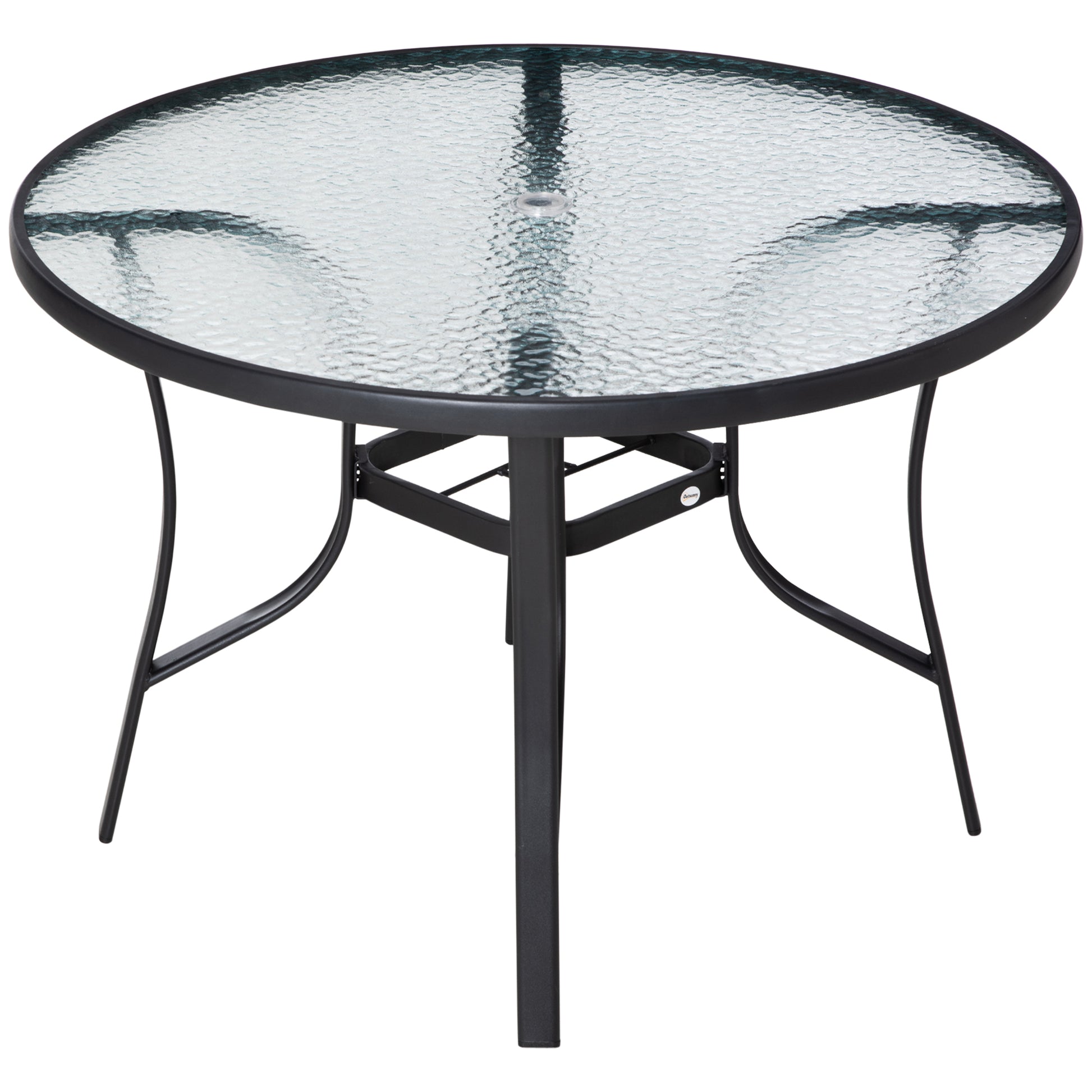Outsunny Mesa de Cristal de Jardín con Agujero para Sombrilla Mesa para Comer Redonda con Marco de Acero para Exterior Terraza Balcón Ø106,5x71 cm Negro