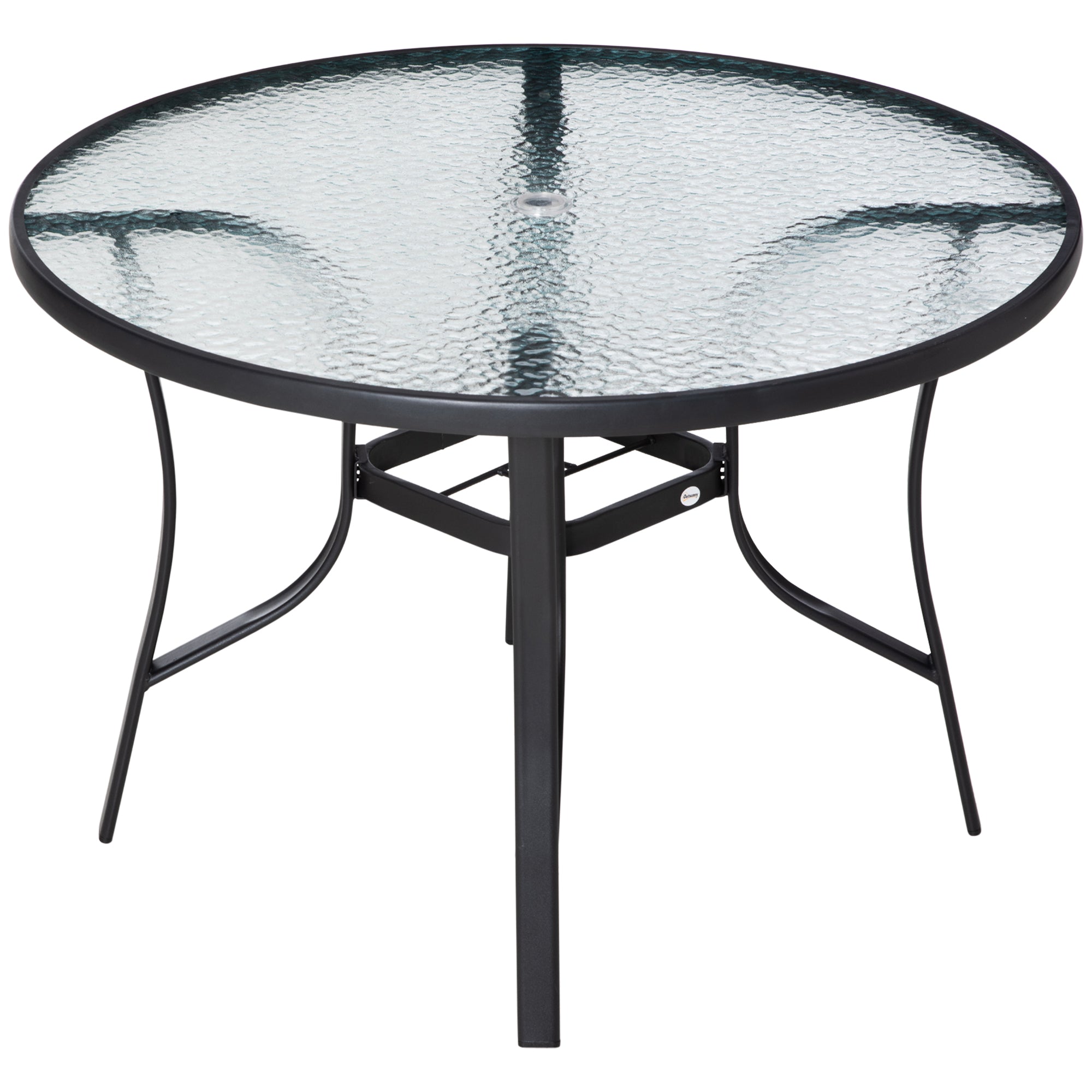 Outsunny Mesa de Cristal de Jardín con Agujero para Sombrilla Mesa para Comer Redonda con Marco de Acero para Exterior Terraza Balcón Ø106,5x71 cm Negro