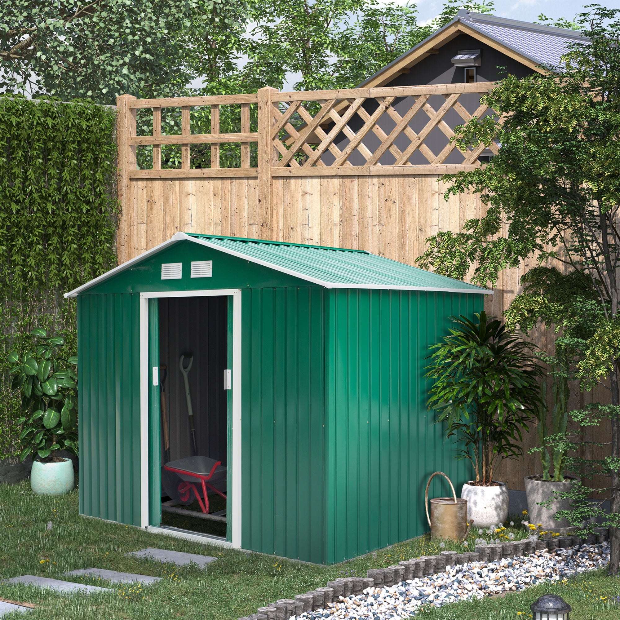 Outsunny Caseta de Jardín Exterior 4,9 m² 277x195x192 cm Cobertizo de Jardín Exterior con Puerta Corredera Techo Inclinado Base Refuerzo (Suelo NO Incluido) y 4 Ventanas Verde Oscuro