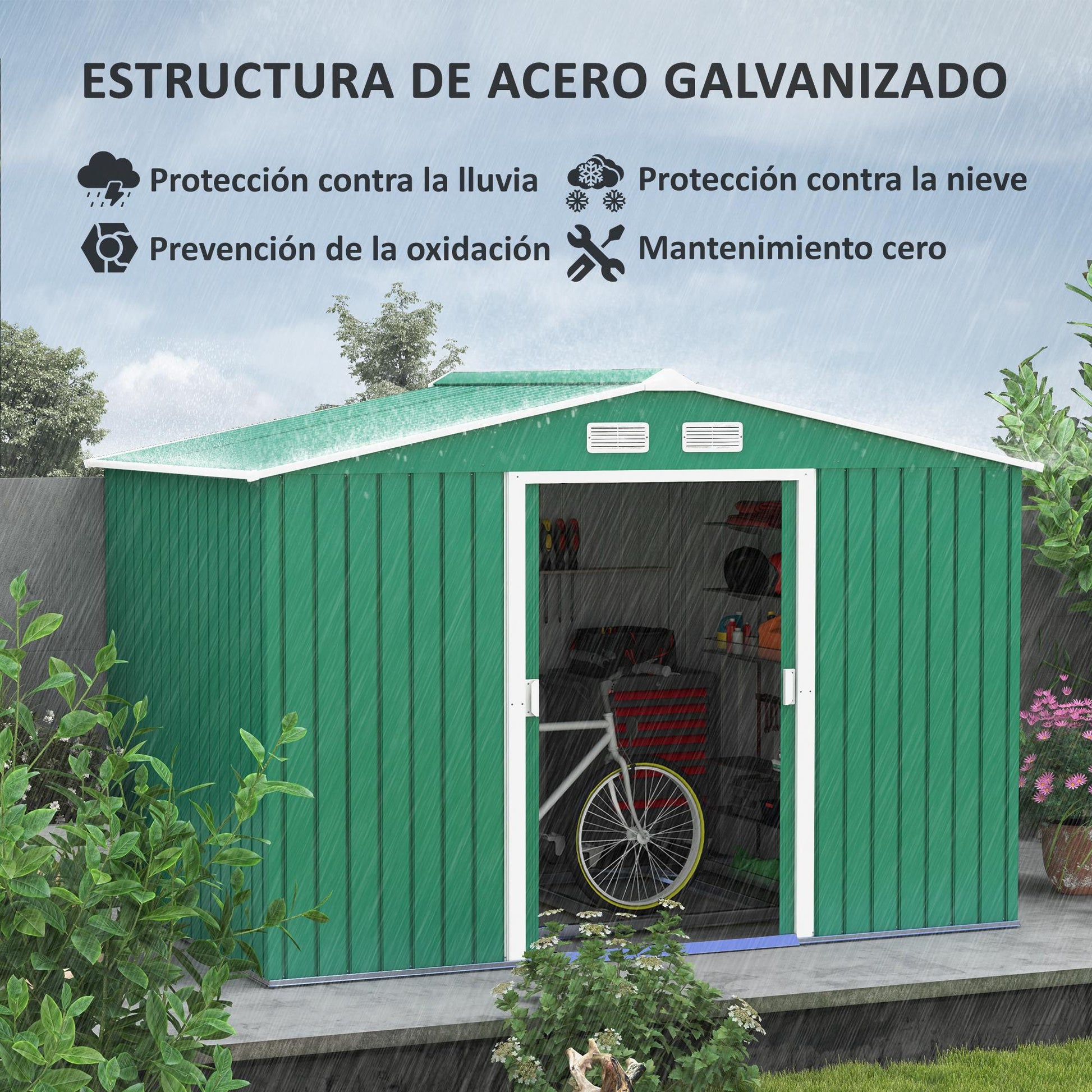 Outsunny Caseta de Jardín Exterior 4,9 m² 277x195x192 cm Cobertizo de Jardín Exterior con Puerta Corredera Techo Inclinado Base Refuerzo (Suelo NO Incluido) y 4 Ventanas Verde Oscuro