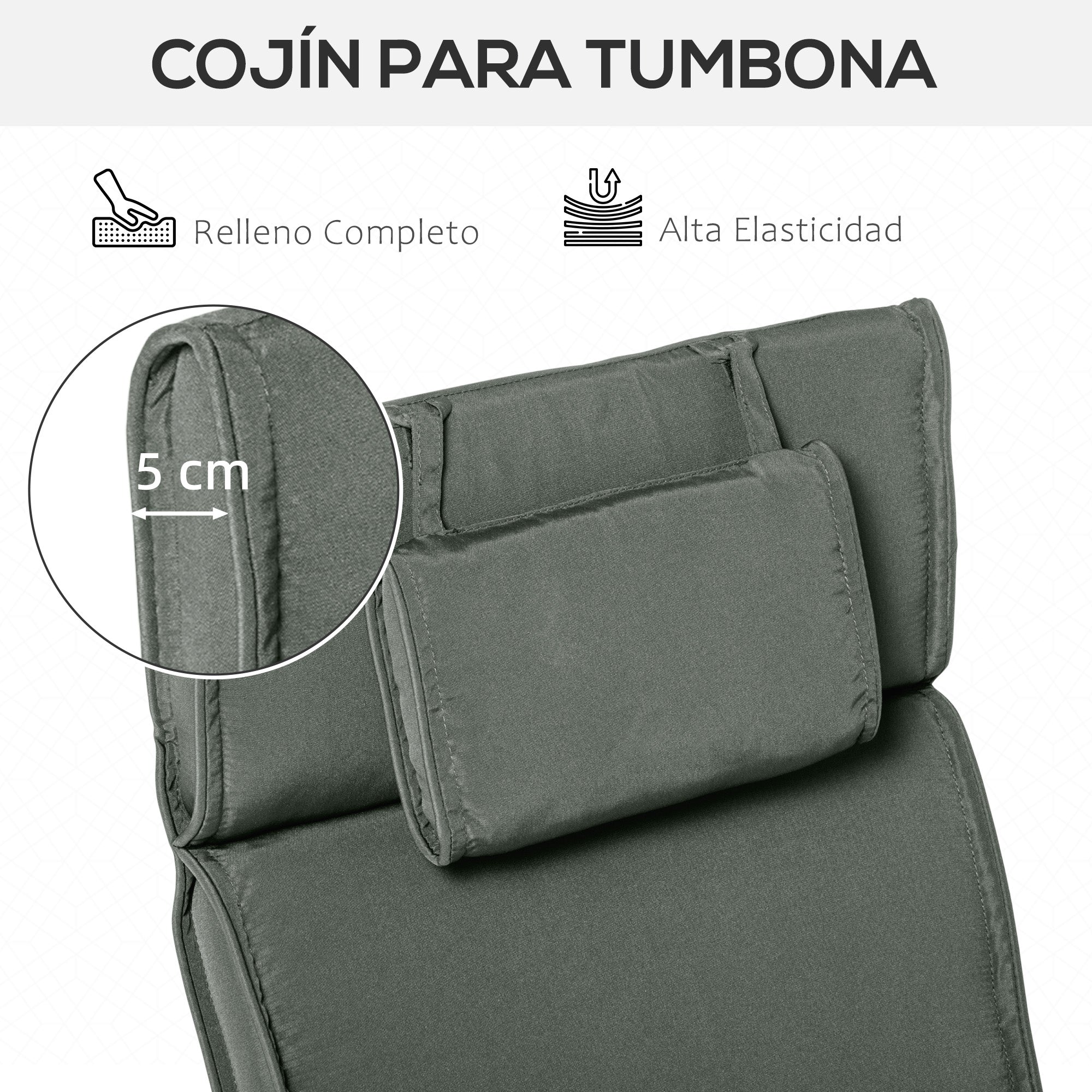 Outsunny Cojín para Tumbona de Exterior 198x53x5 cm Desenfundable y Lavable con Reposacabezas Extraíble Colchoneta Plegable de Algodón para Silla Reclinable de Jardín Gris