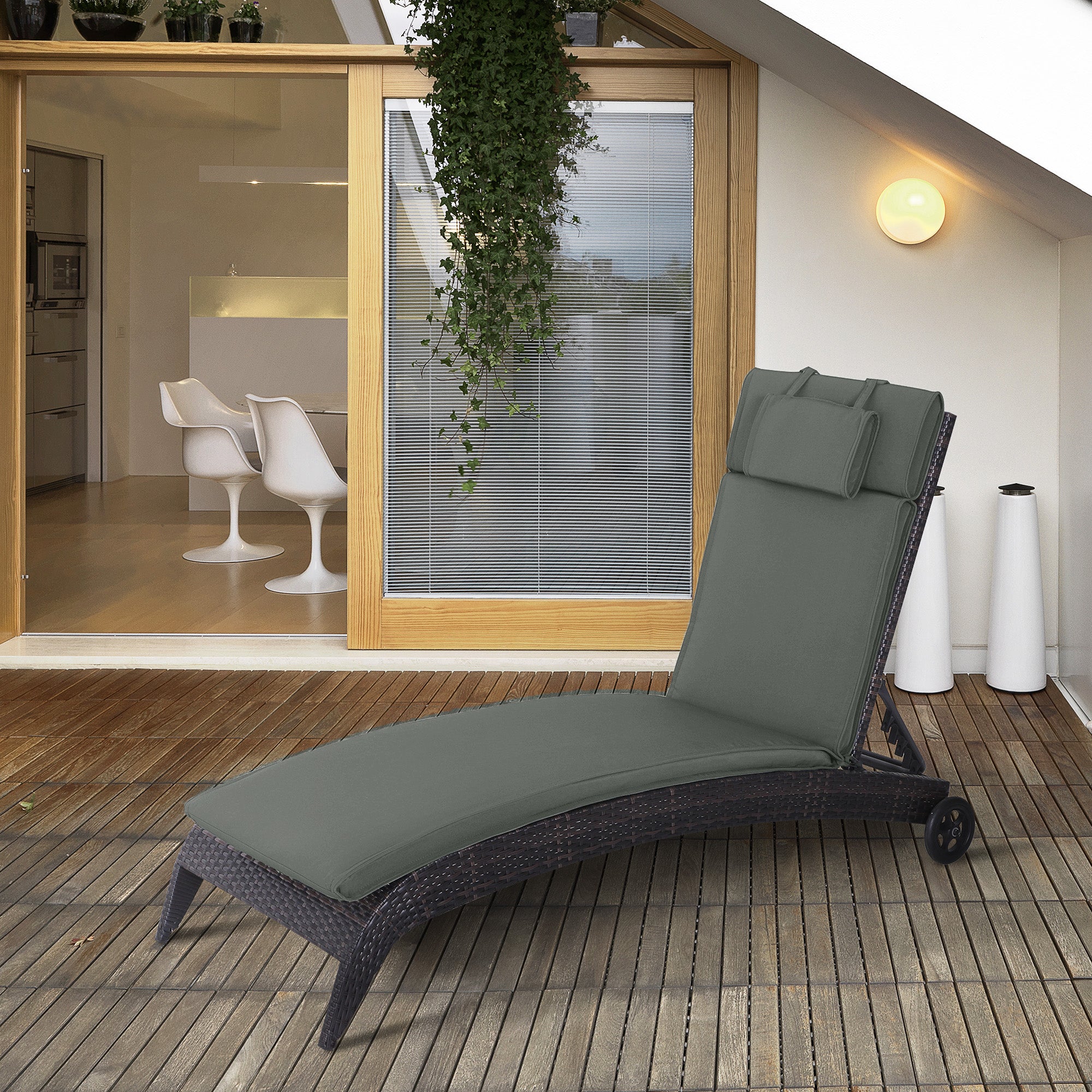 Outsunny Cojín para Tumbona de Exterior 198x53x5 cm Desenfundable y Lavable con Reposacabezas Extraíble Colchoneta Plegable de Algodón para Silla Reclinable de Jardín Gris