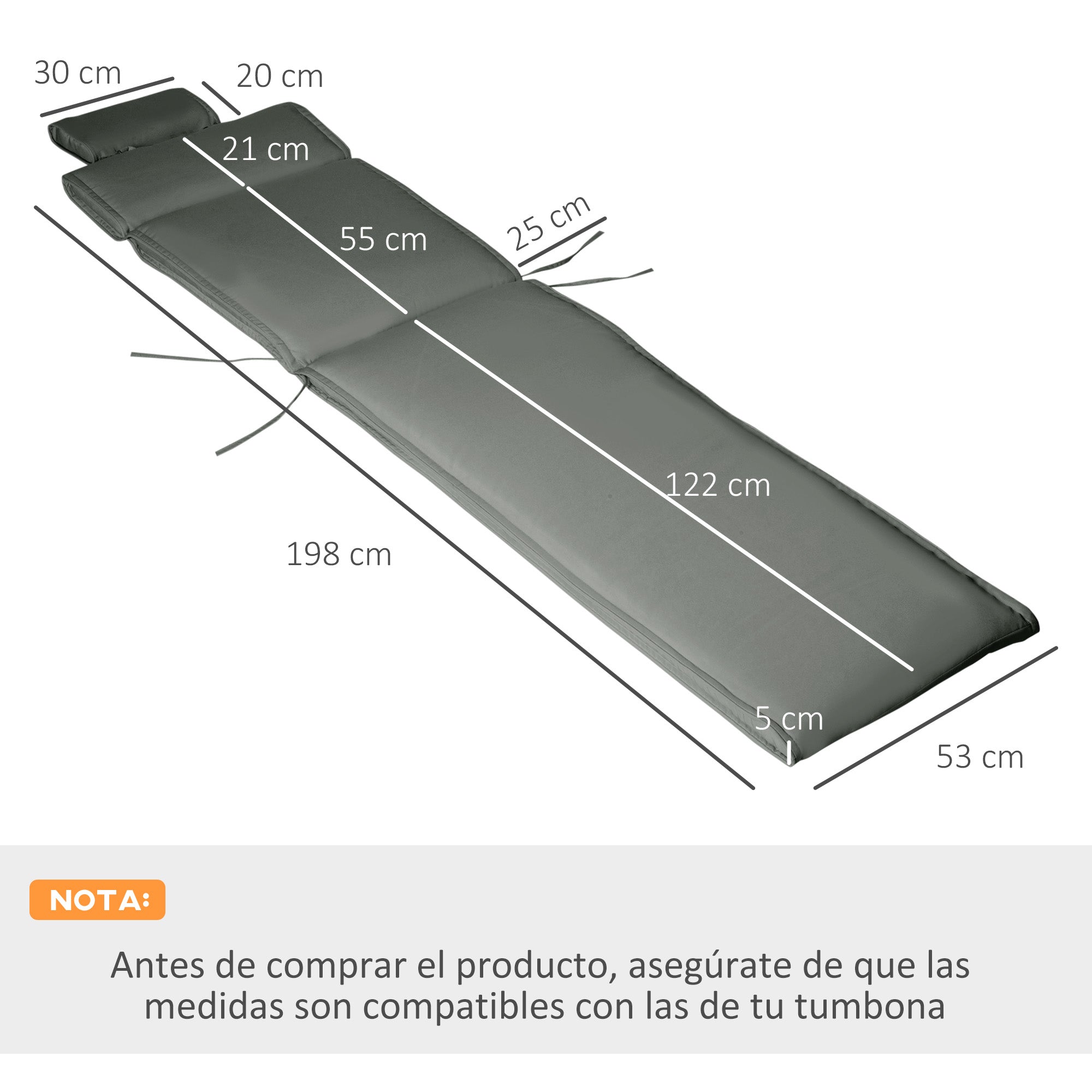 Outsunny Cojín para Tumbona de Exterior 198x53x5 cm Desenfundable y Lavable con Reposacabezas Extraíble Colchoneta Plegable de Algodón para Silla Reclinable de Jardín Gris