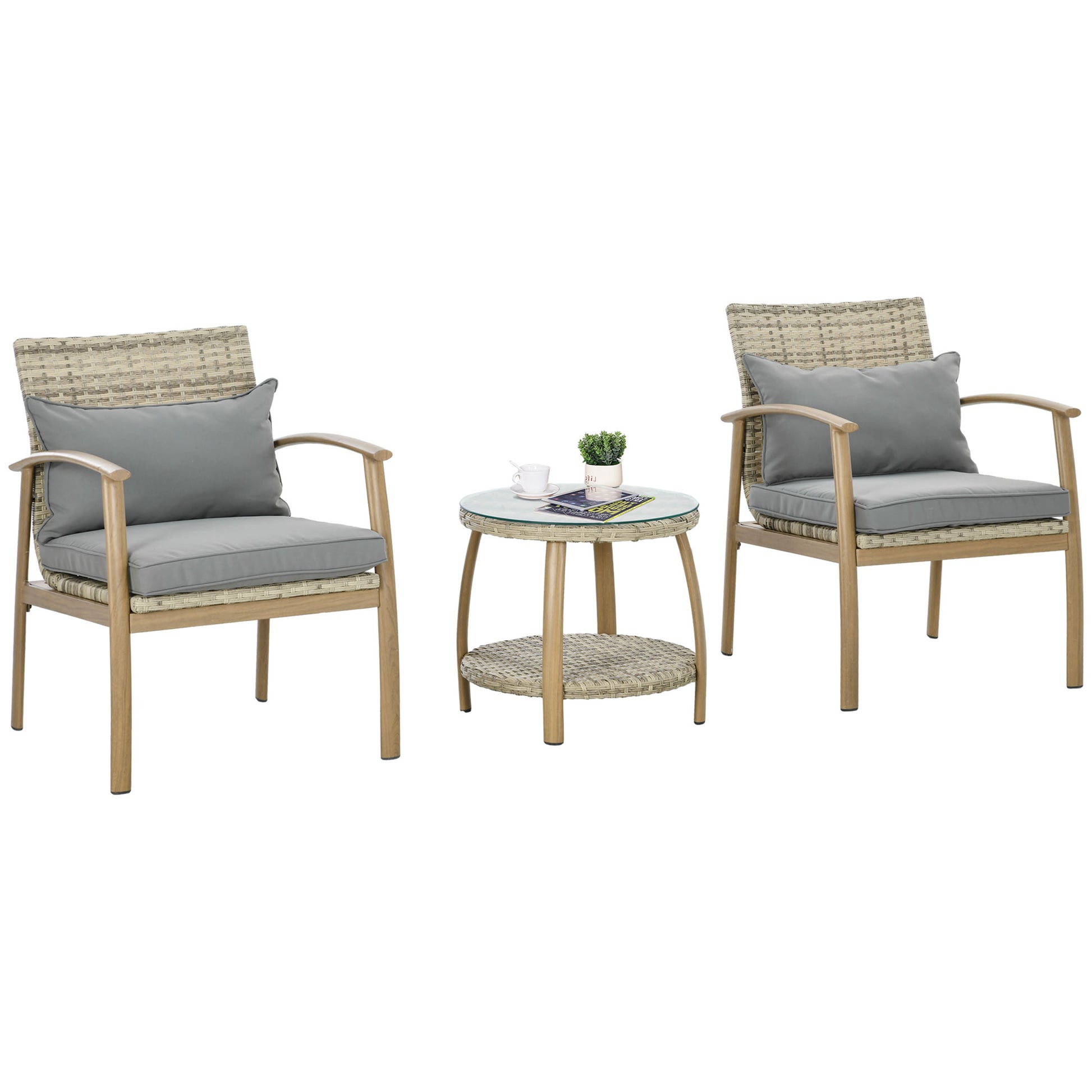 Outsunny Conjunto de Muebles de 3 Piezas Conjunto de Mesa y 2 Sillas de Jardín con Marco de Aluminio y Cojines Extraíbles para Terraza Patio Jardín Natural y Marrón