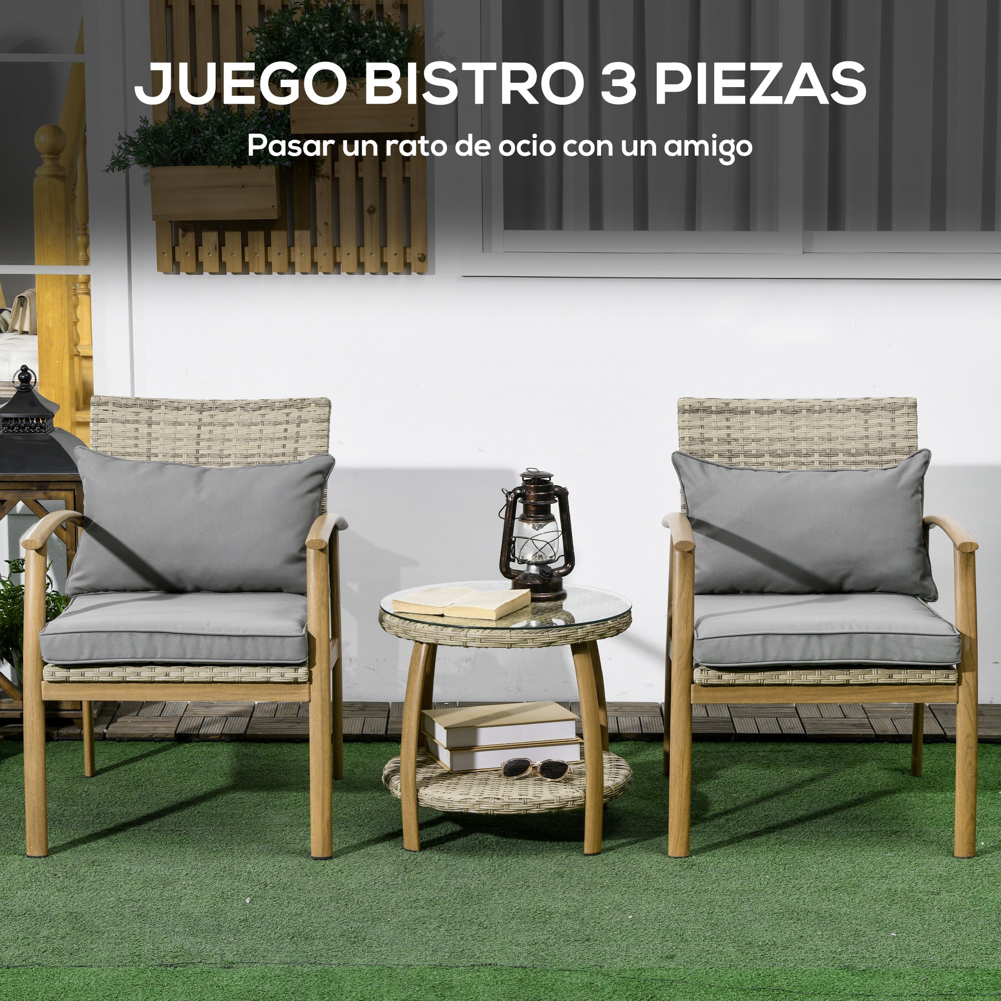 Outsunny Conjunto de Muebles de 3 Piezas Conjunto de Mesa y 2 Sillas de Jardín con Marco de Aluminio y Cojines Extraíbles para Terraza Patio Jardín Natural y Marrón