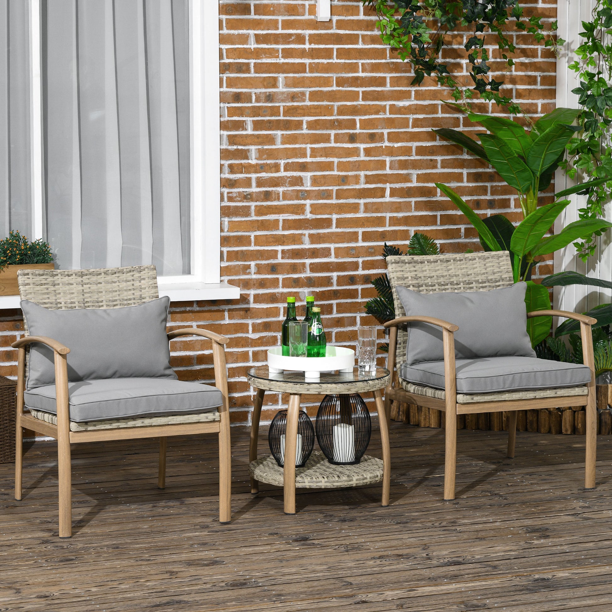 Outsunny Conjunto de Muebles de 3 Piezas Conjunto de Mesa y 2 Sillas de Jardín con Marco de Aluminio y Cojines Extraíbles para Terraza Patio Jardín Natural y Marrón