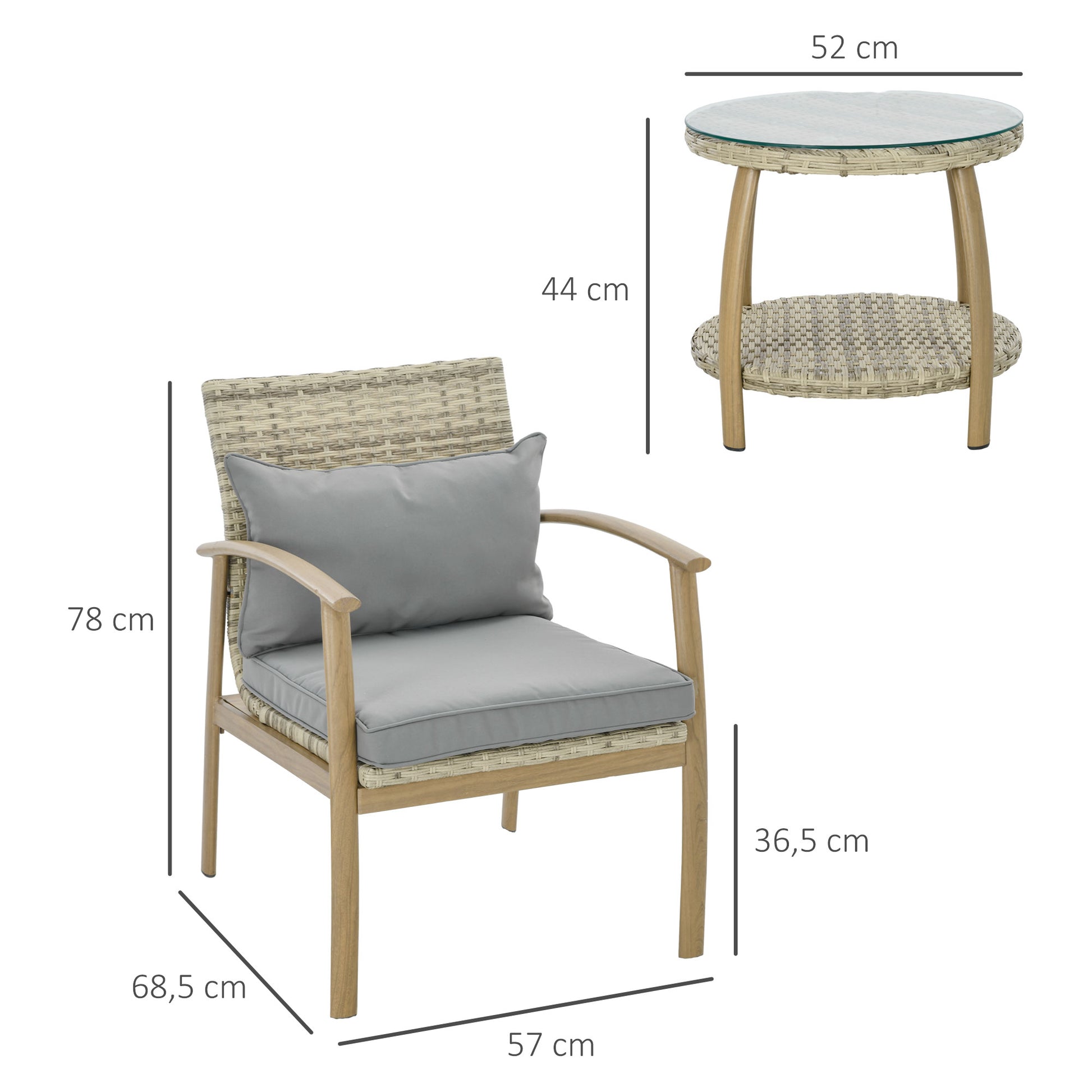 Outsunny Conjunto de Muebles de 3 Piezas Conjunto de Mesa y 2 Sillas de Jardín con Marco de Aluminio y Cojines Extraíbles para Terraza Patio Jardín Natural y Marrón