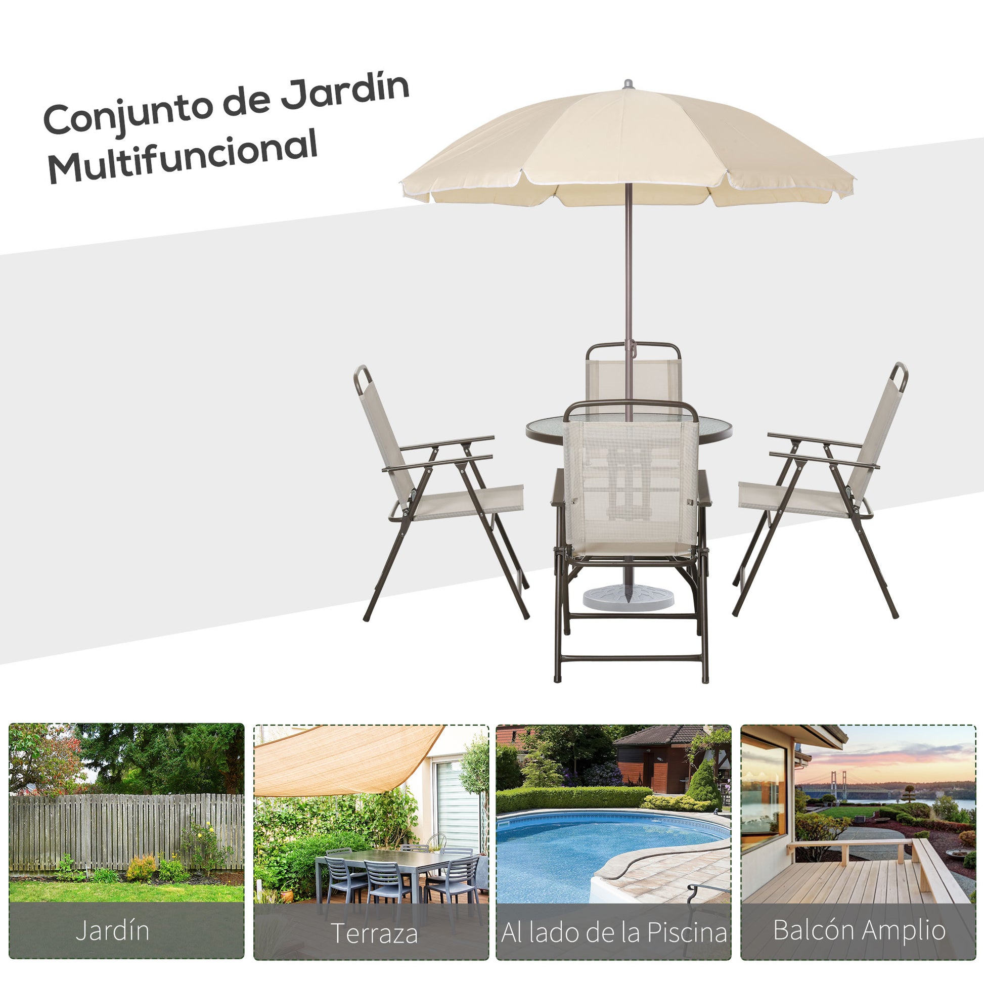 Outsunny Conjunto de Muebles para Jardín con 4 Sillas 1 Mesa y 1 Parasol Texteline Aluminio y Poliéster Beige