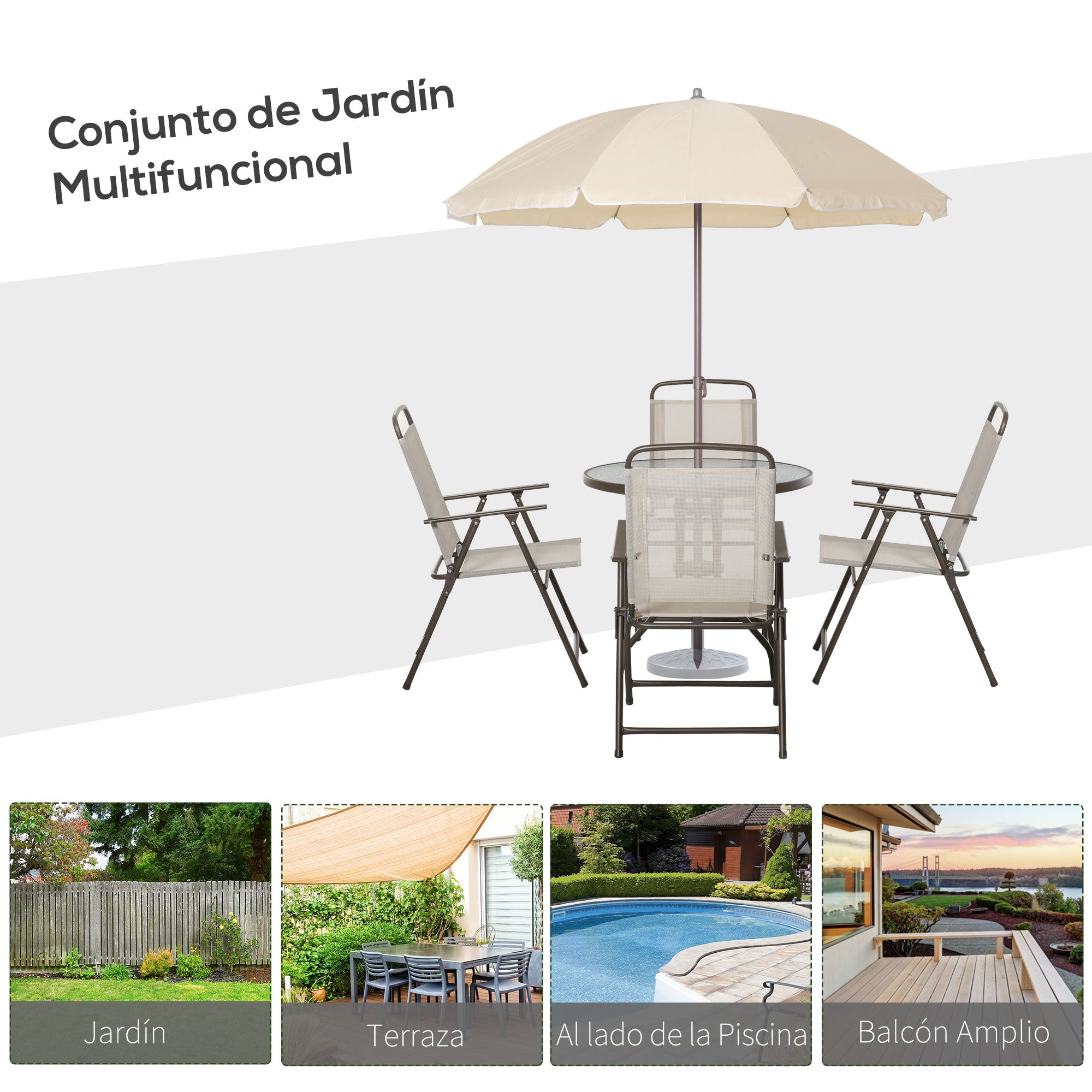 Outsunny Conjunto de Muebles para Jardín con 4 Sillas 1 Mesa y 1 Parasol Texteline Aluminio y Poliéster Beige