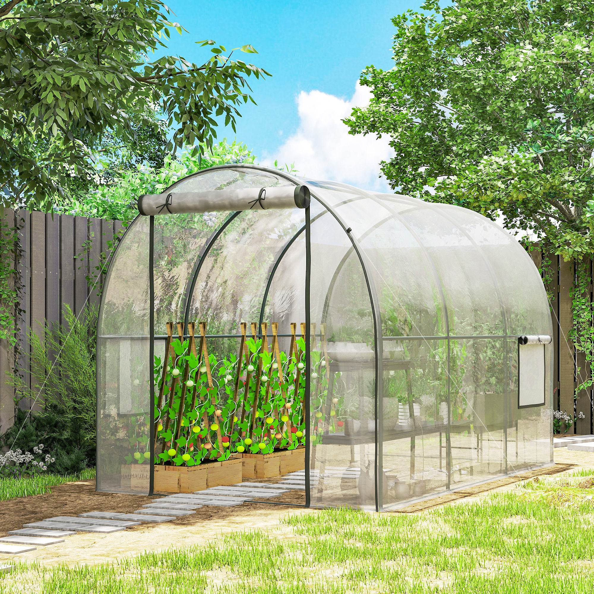 Outsunny Invernadero de Exterior 3x2x2 m, Invernadero de Túnel con Puerta Enrollable, 2 Ventanas de Malla, Cubierta de Plástico y Marco de Acero, Anti-UV, para Cultivos, Plantas, Flores, Transparente