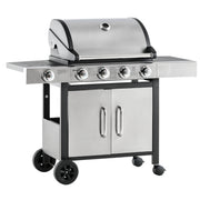 Outsunny Barbacoa de Gas con 4+1 Quemadores 15,2 KW Parilla de Gas BBQ de Acero con Termómetro 2 Mesas Laterales Armario de 2 Puertas y Ruedas con Frenos 118x55x113 cm Plata