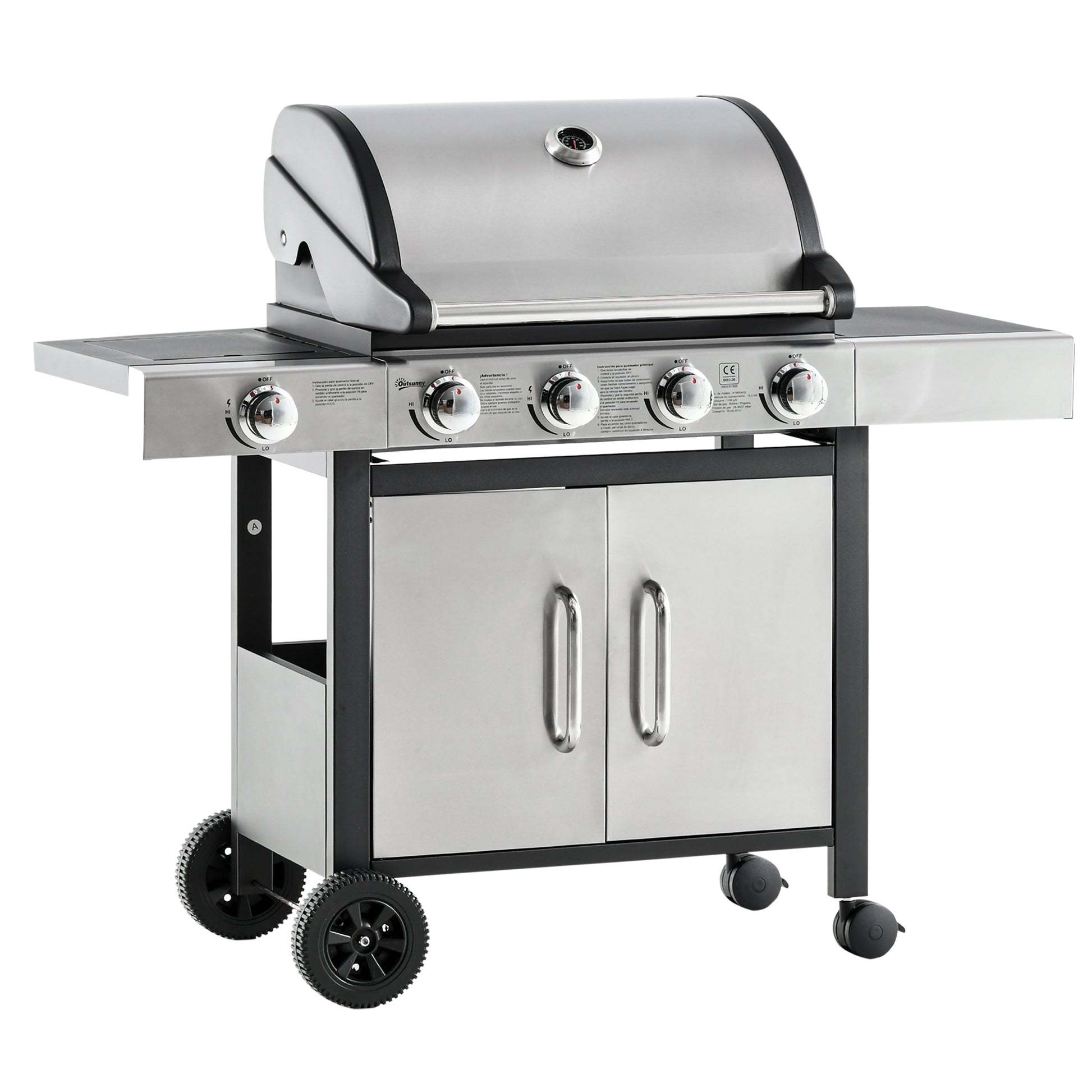 Outsunny Barbacoa de Gas con 4+1 Quemadores 15,2 KW Parilla de Gas BBQ de Acero con Termómetro 2 Mesas Laterales Armario de 2 Puertas y Ruedas con Frenos 118x55x113 cm Plata
