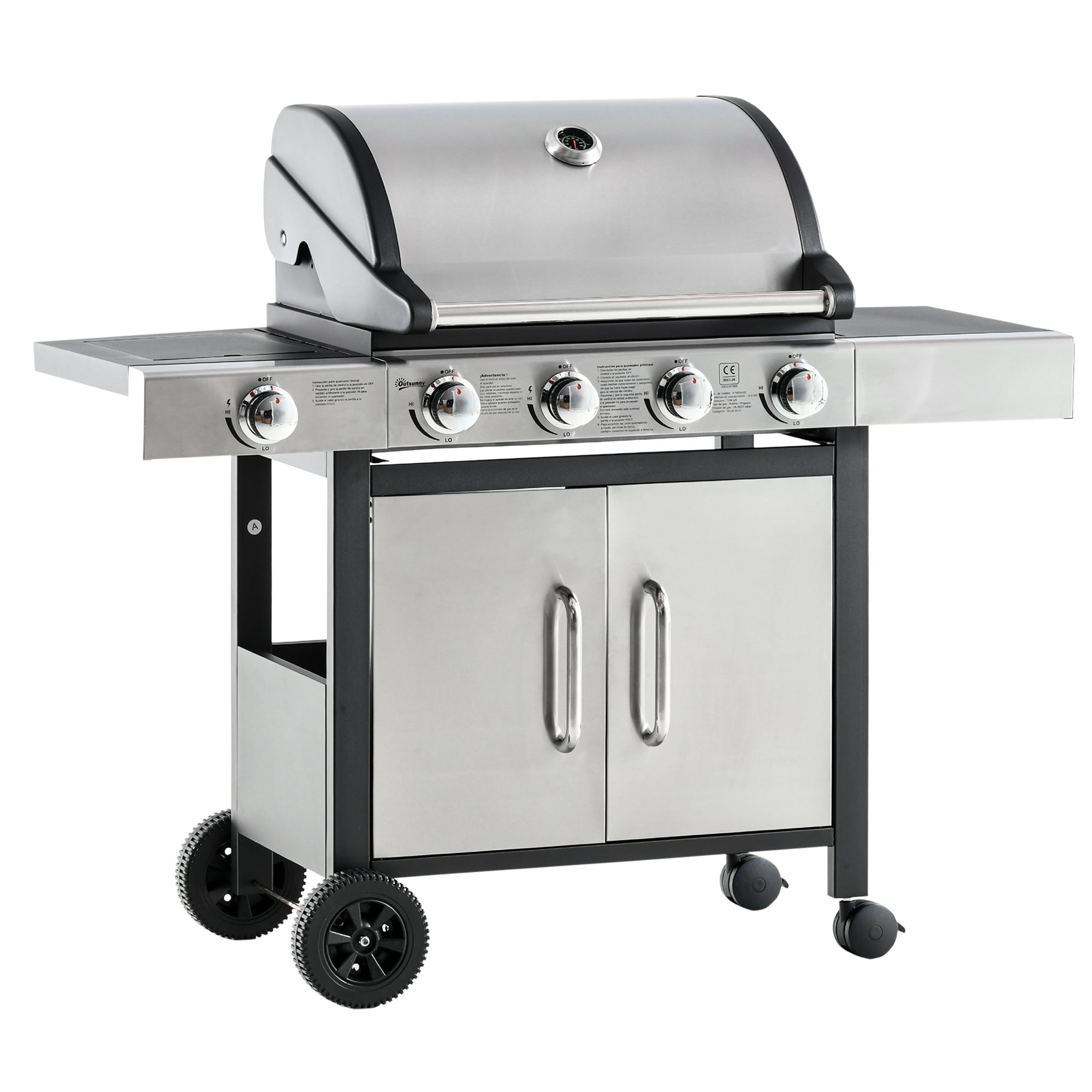 Outsunny Barbacoa de Gas con 4+1 Quemadores 15,2 KW Parilla de Gas BBQ de Acero con Termómetro 2 Mesas Laterales Armario de 2 Puertas y Ruedas con Frenos 118x55x113 cm Plata