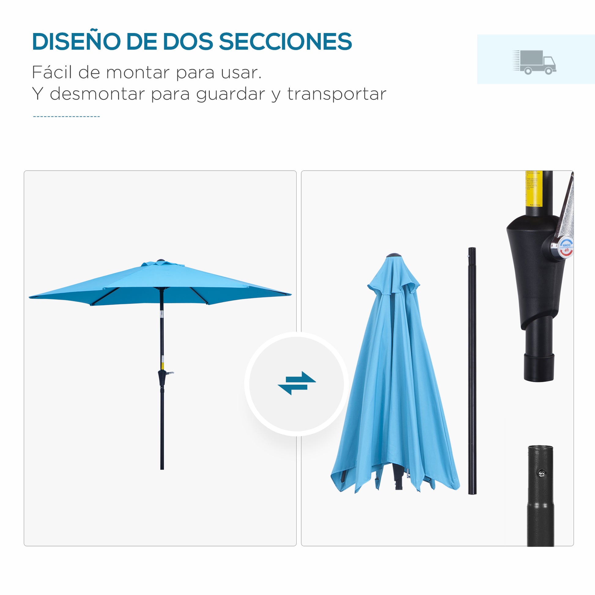 Outsunny Sombrilla de Jardín, Ø260x235 cm, Parasol de Jardín Reclinable con Manivela, Poste Desmontable de Aluminio y 6 Varillas de Metal, para Terraza, Exterior, Balcón, Azul