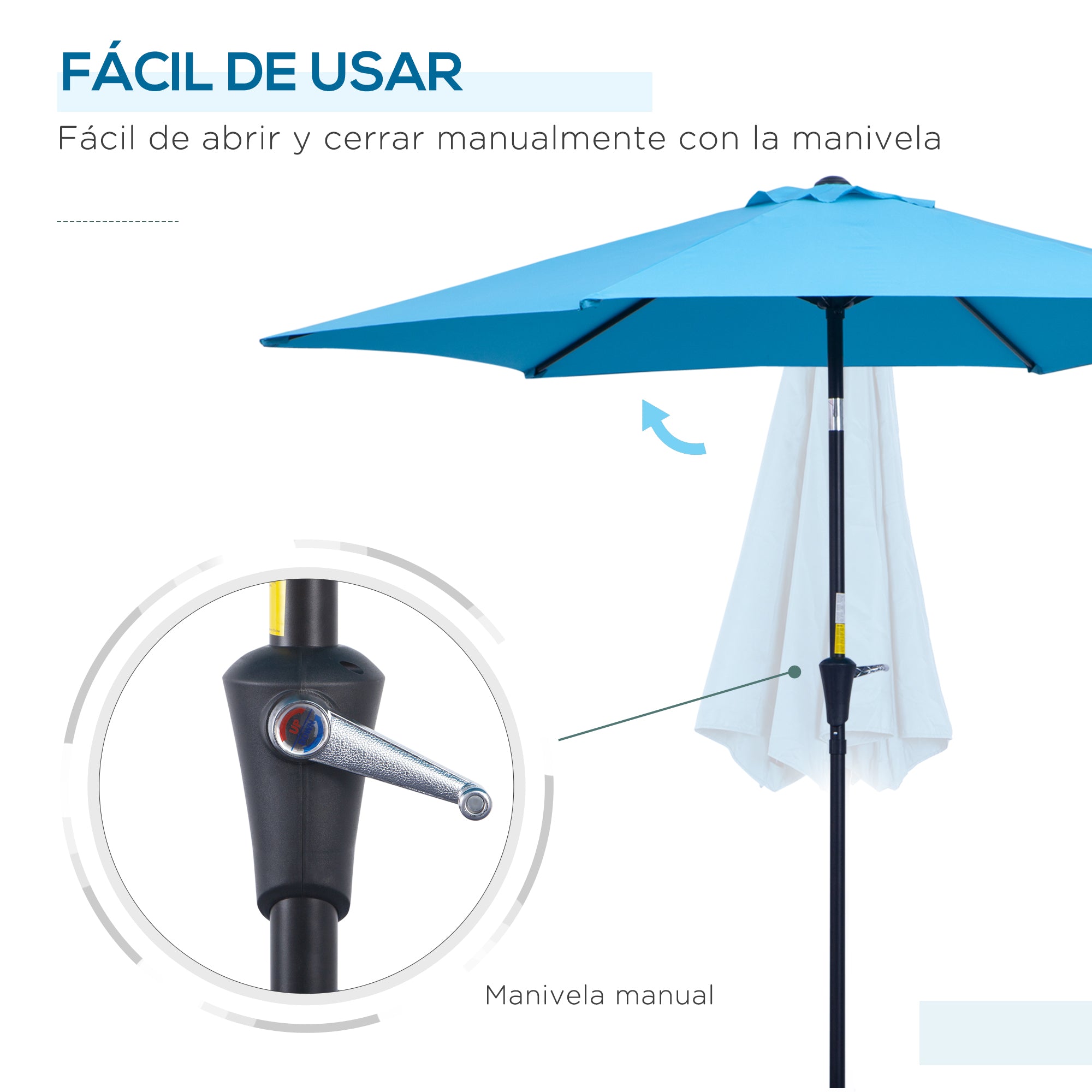 Outsunny Sombrilla de Jardín, Ø260x235 cm, Parasol de Jardín Reclinable con Manivela, Poste Desmontable de Aluminio y 6 Varillas de Metal, para Terraza, Exterior, Balcón, Azul