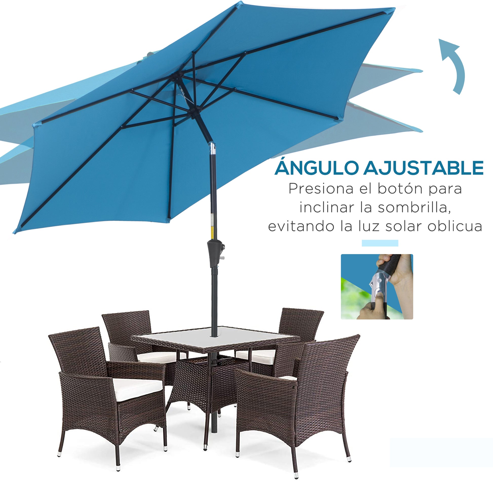 Outsunny Sombrilla de Jardín, Ø260x235 cm, Parasol de Jardín Reclinable con Manivela, Poste Desmontable de Aluminio y 6 Varillas de Metal, para Terraza, Exterior, Balcón, Azul