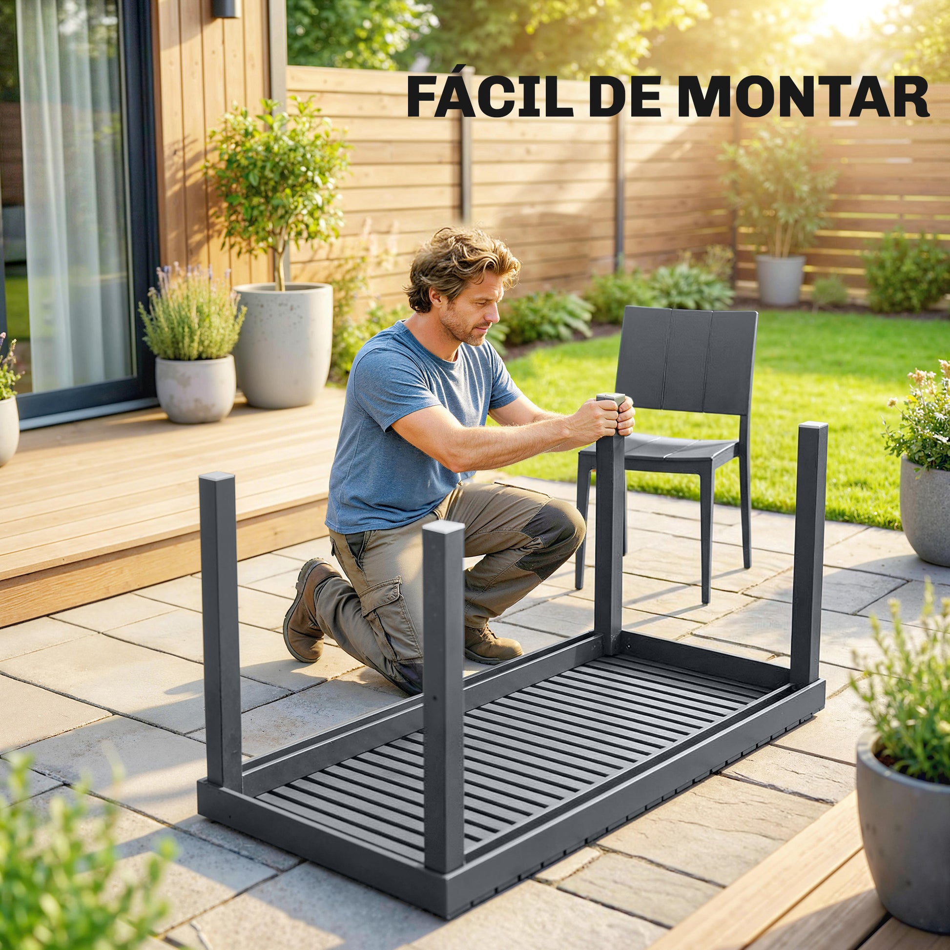 Outsunny Conjunto de Mesa y Sillas Jardín de 5 Piezas, Muebles Jardín Exterior con Mesa de Tablero Ranurado, 4 Sillas Apilables, Marco Metálico para 4 Personas, para Patio, Terraza, Gris Oscuro