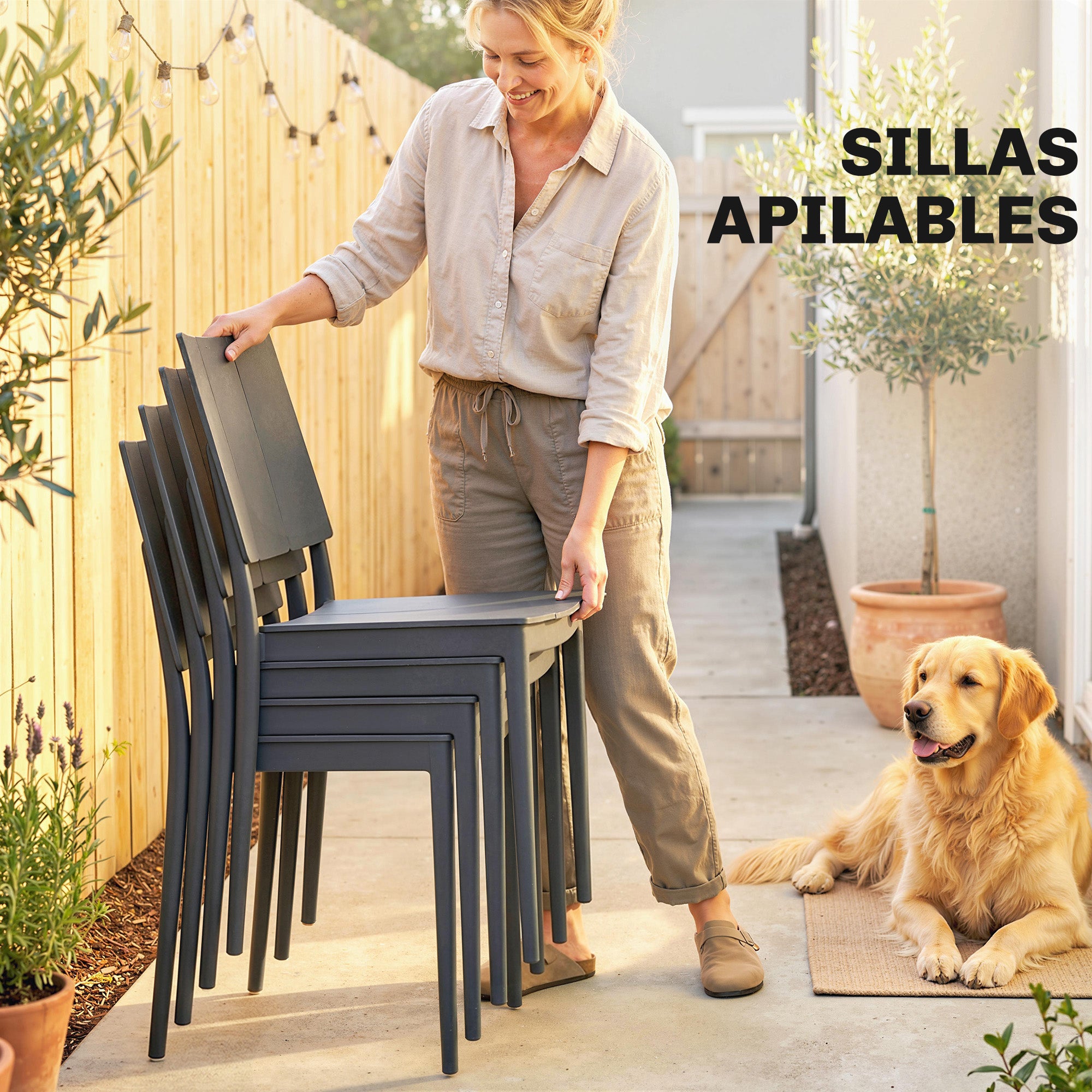 Outsunny Conjunto de Mesa y Sillas Jardín de 5 Piezas, Muebles Jardín Exterior con Mesa de Tablero Ranurado, 4 Sillas Apilables, Marco Metálico para 4 Personas, para Patio, Terraza, Gris Oscuro