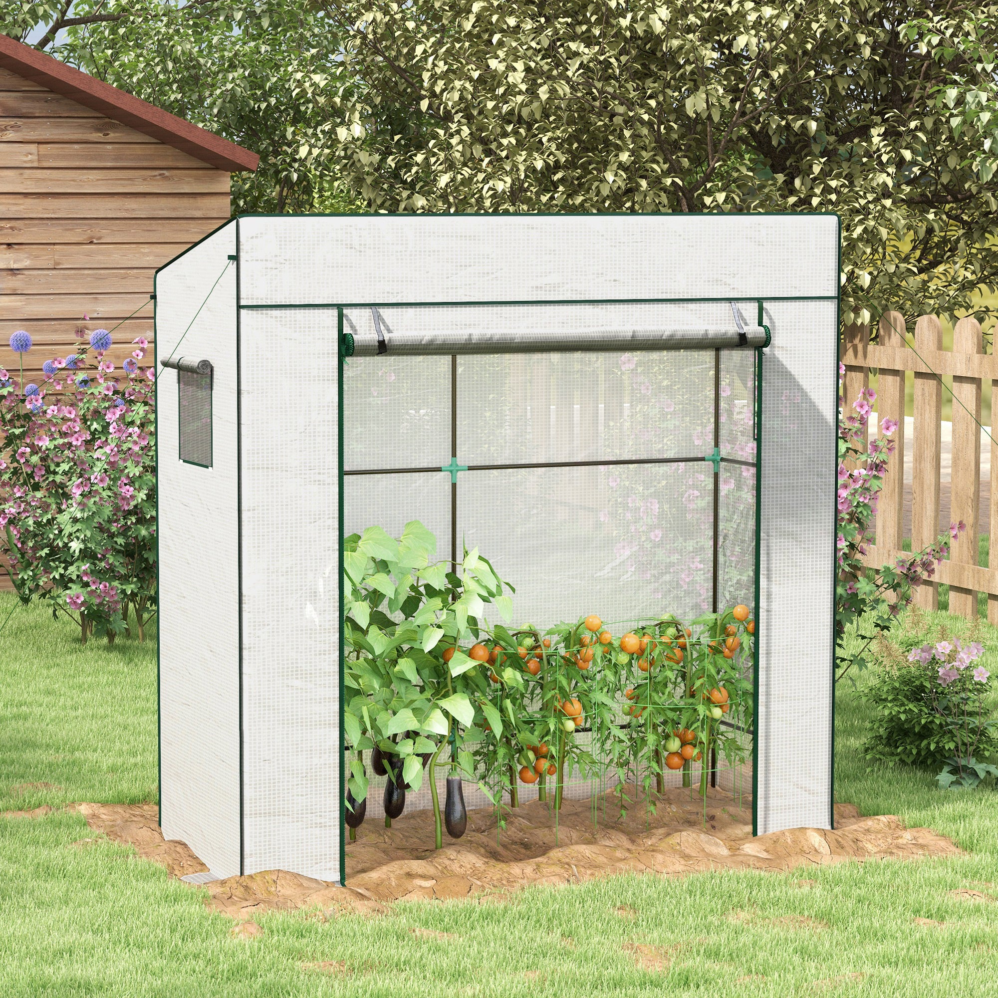 Outsunny Invernadero Pequeño Invernadero de Exterior con Ventanas de Malla y Puerta con Cremallera Marco de Acero y Cubierta de PE 140g/m² para Cultivar Tomates Plantas Flores 196x77x197 cm Blanco