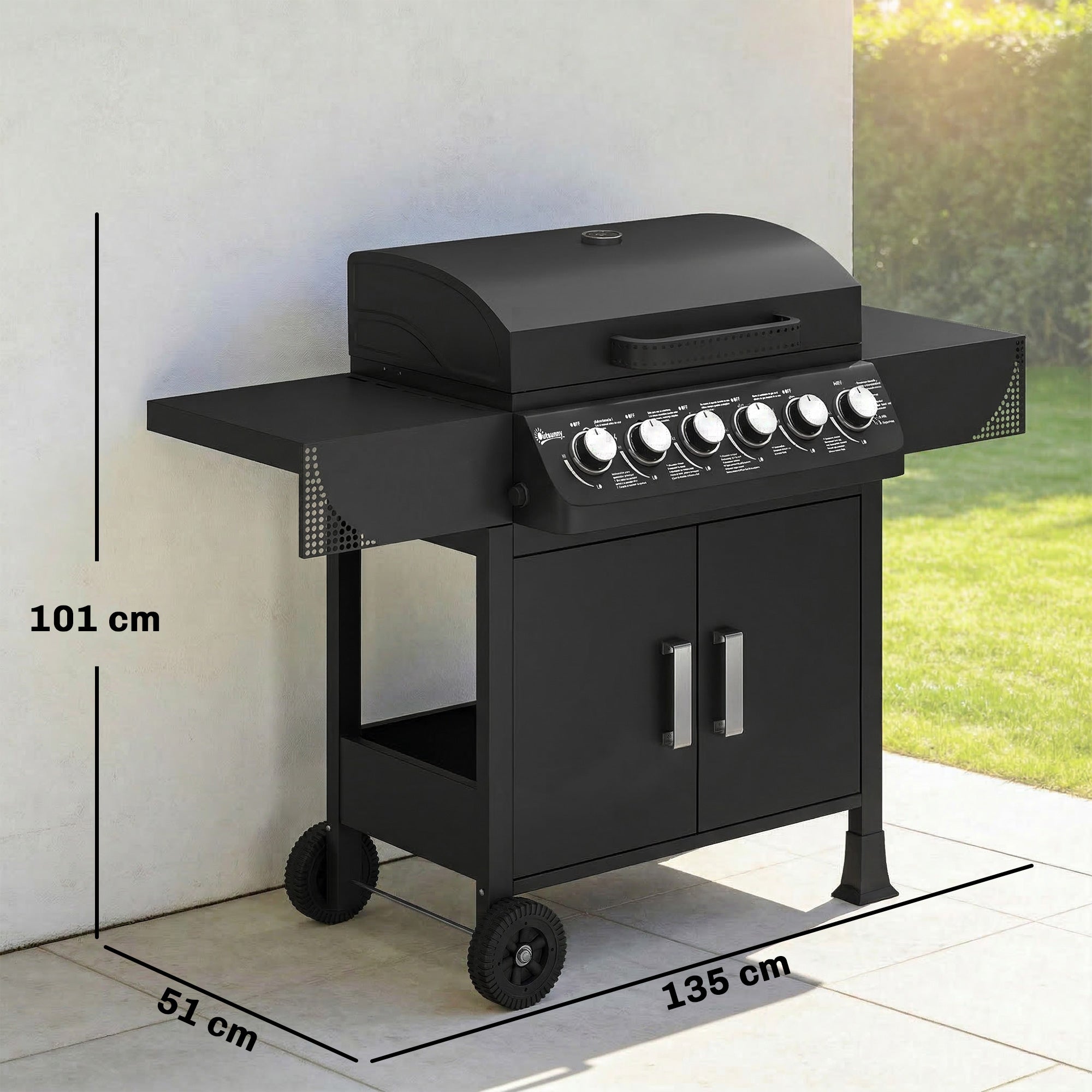 Outsunny Barbacoa de Gas BBQ Gas con 6 Quemadores 15 kW, Barbacoa Portátil con Termómetro, Mesas Laterales, Armario, Rejilla Calentadora, Parrilla, Recogedor de Grasa, 2 Ruedas y Tapa, Negro