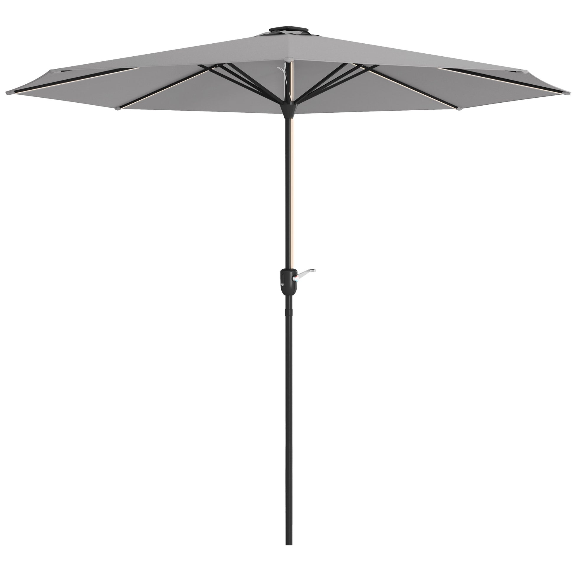 Outsunny Sombrilla de Jardín de Aluminio Ø265x240 cm Parasol de Terraza con Luces LED Solares Manivela e Impermeable para Piscina Patio Gris Claro