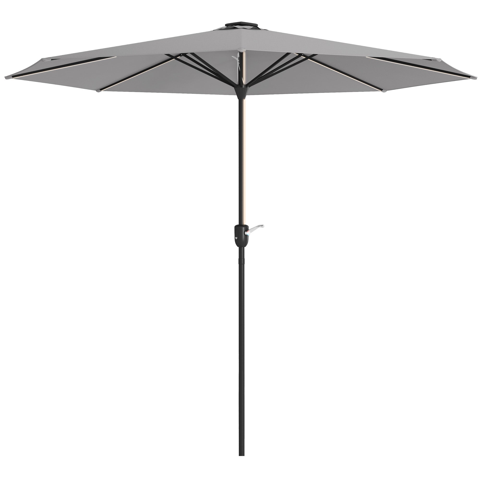 Outsunny Sombrilla de Jardín de Aluminio Ø265x240 cm Parasol de Terraza con Luces LED Solares Manivela e Impermeable para Piscina Patio Gris Claro
