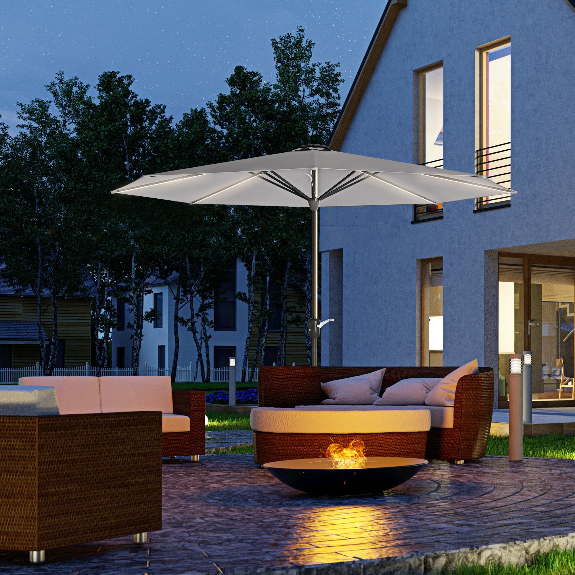 Outsunny Sombrilla de Jardín de Aluminio Ø265x240 cm Parasol de Terraza con Luces LED Solares Manivela e Impermeable para Piscina Patio Gris Claro